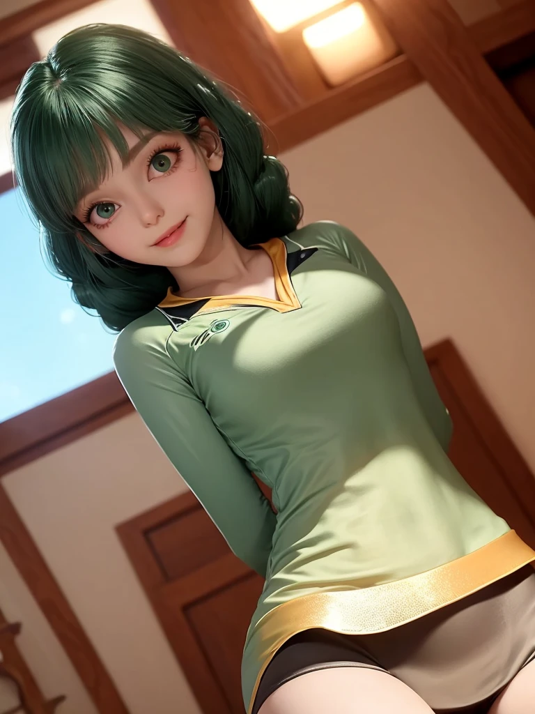 , up do hair- green, no makeup, beautiful white skin,1lady solo, /(volleyball uniform/), bangs, blush light smile, (masterpiece best quality:1.2) delicate illustration ultra-detailed, large breasts BREAK /(volleyball court indoors/)