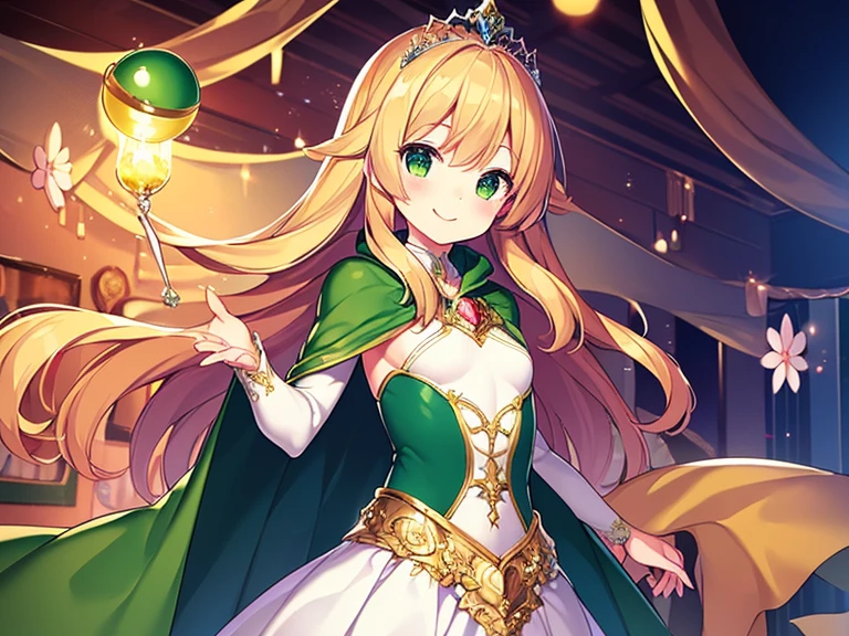 (kawaii),(best quality),(ultra detailed), upper body,(rococo style),(long train green cape:1.15), very long cape,(long train green ball gown with flower decorations:1.1), a girl is wearing a cape over her gown, 1 little princess, tiara, smile, small breasts, very long hair