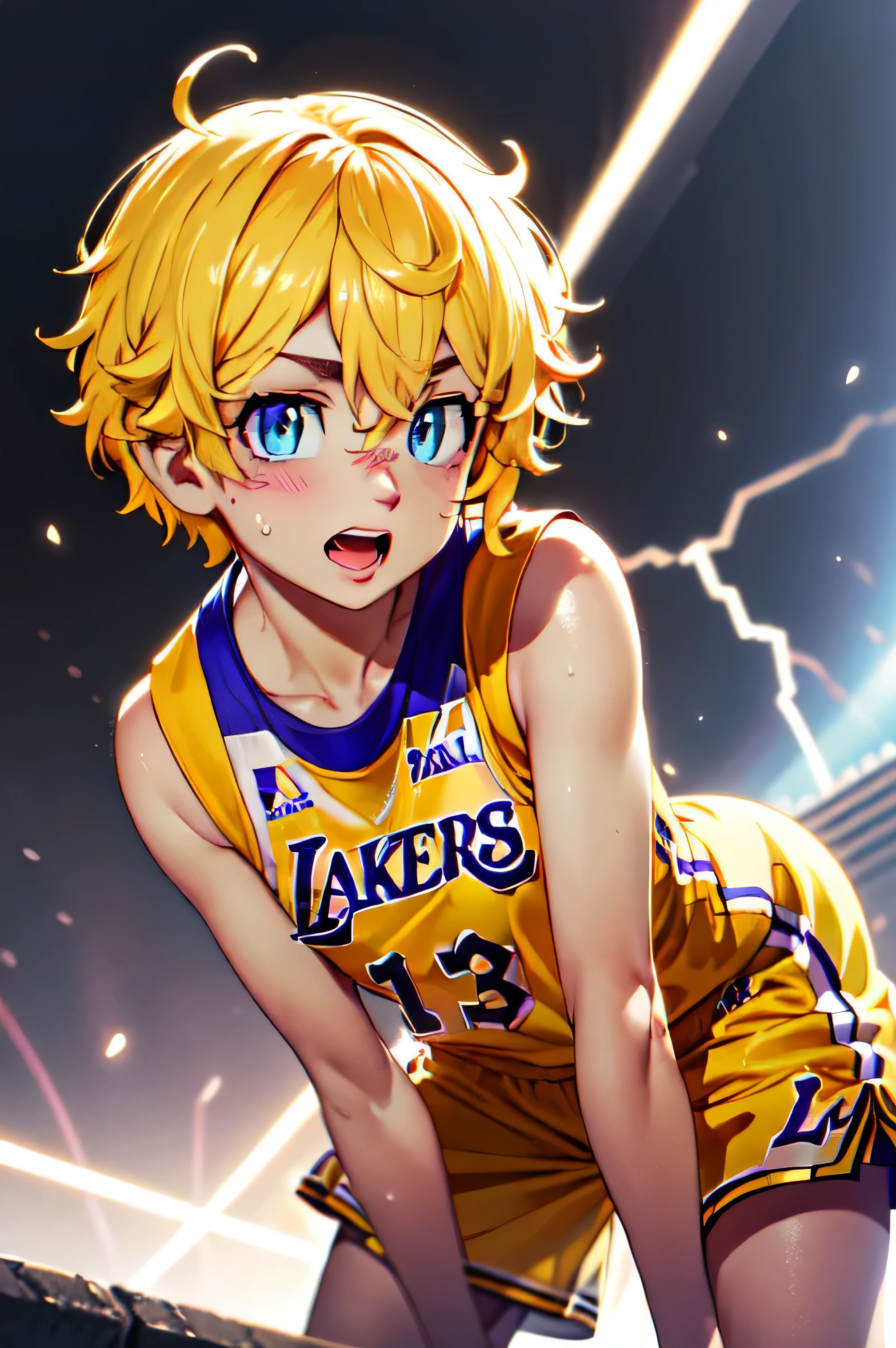 Uniforme de baloncesto amarillo de los Lakers., Lakers escritos en camiseta.)), ROMPER(obra maestra:1.2)、de primera calidad、high resolution、fondos de pantalla unificados 8k、(lightning:0.8)、(hermosos ojos detallados:1.6)、cara extra detallada、lightning (mano perfecta、perfect anatomy)、takemichi chica  , femenina, ojos azules perfecto, cabello rubio desordenado, femenina 