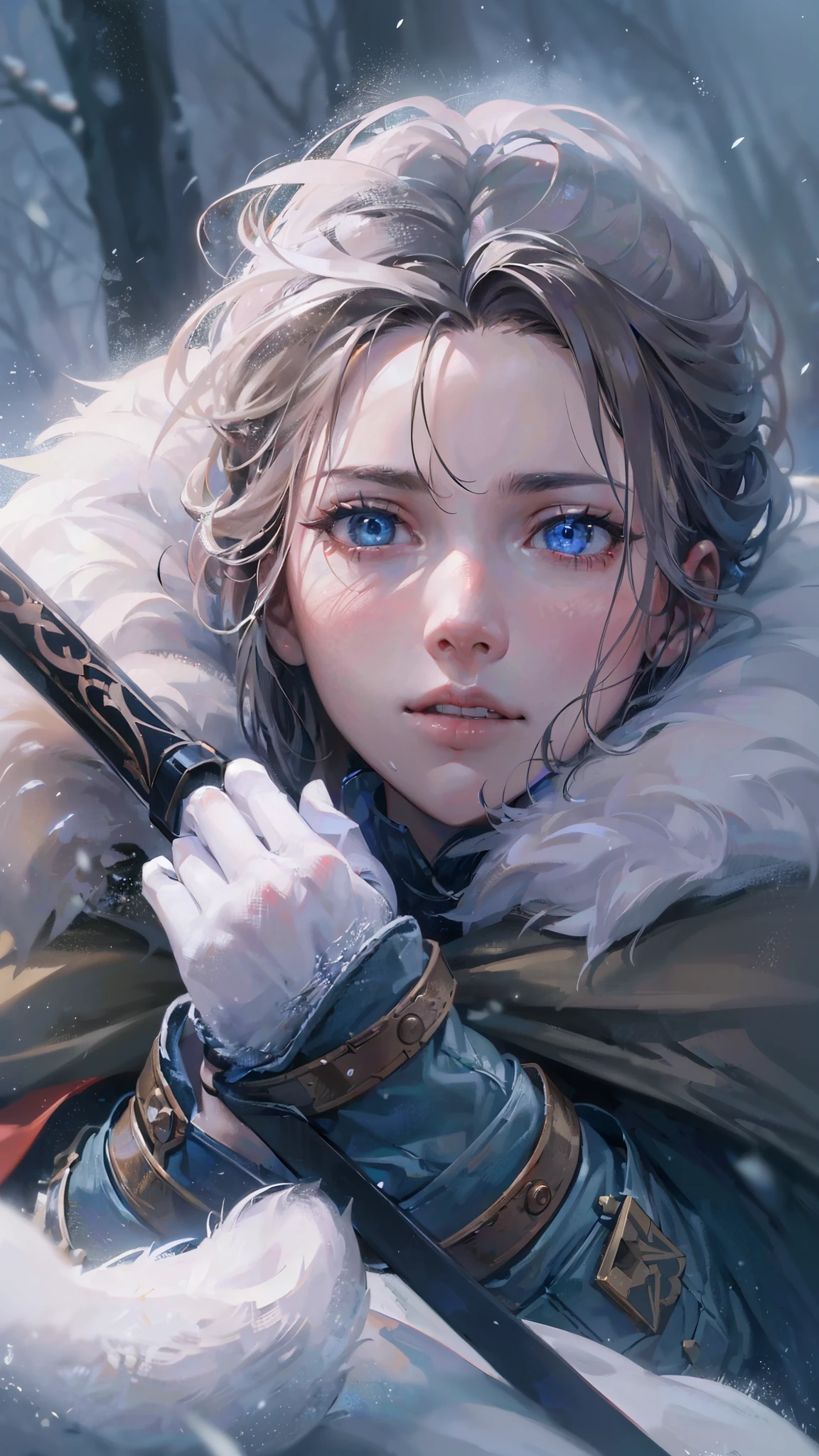 (best quality,4k,highres),(realistic,physically-based rendering),a girl,armor:simple,winter,fur,holding a sword,serious expression,vivid colors,portrait,sharp focus,studio lighting,detail of the eyes,metal texture,cold environment,forest background,falling snow,smoke effect