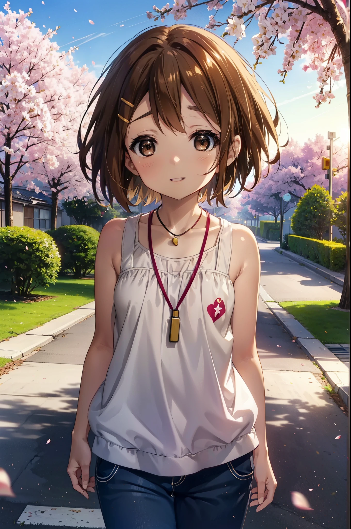 yuihirasawa, Yui Hirasawa, short hair, brown hair, hair ornaments, (Brown eyes:1.5), happy smile, smile, Open your mouth,Hair Clip,Long-hemmed vest,No sleeve,Tank top shirt,Bare arms,Bare neck,Heart Necklace,skinny pants,Stiletto heels,Cherry blossoms are blooming,Cherry blossoms are scattered,Cherry blossom tree-lined path,evening,sunset,The sun is setting,Looking down from above,
break outdoors,School School building,
break looking at viewer, (Cowboy Shot:1.5),
break (masterpiece:1.2), highest quality, High resolution, unity 8k wallpaper, (figure:0.8), (Beautiful fine details:1.6), Highly detailed face, Perfect lighting, Highly detailed CG, (Perfect hands, Perfect Anatomy),