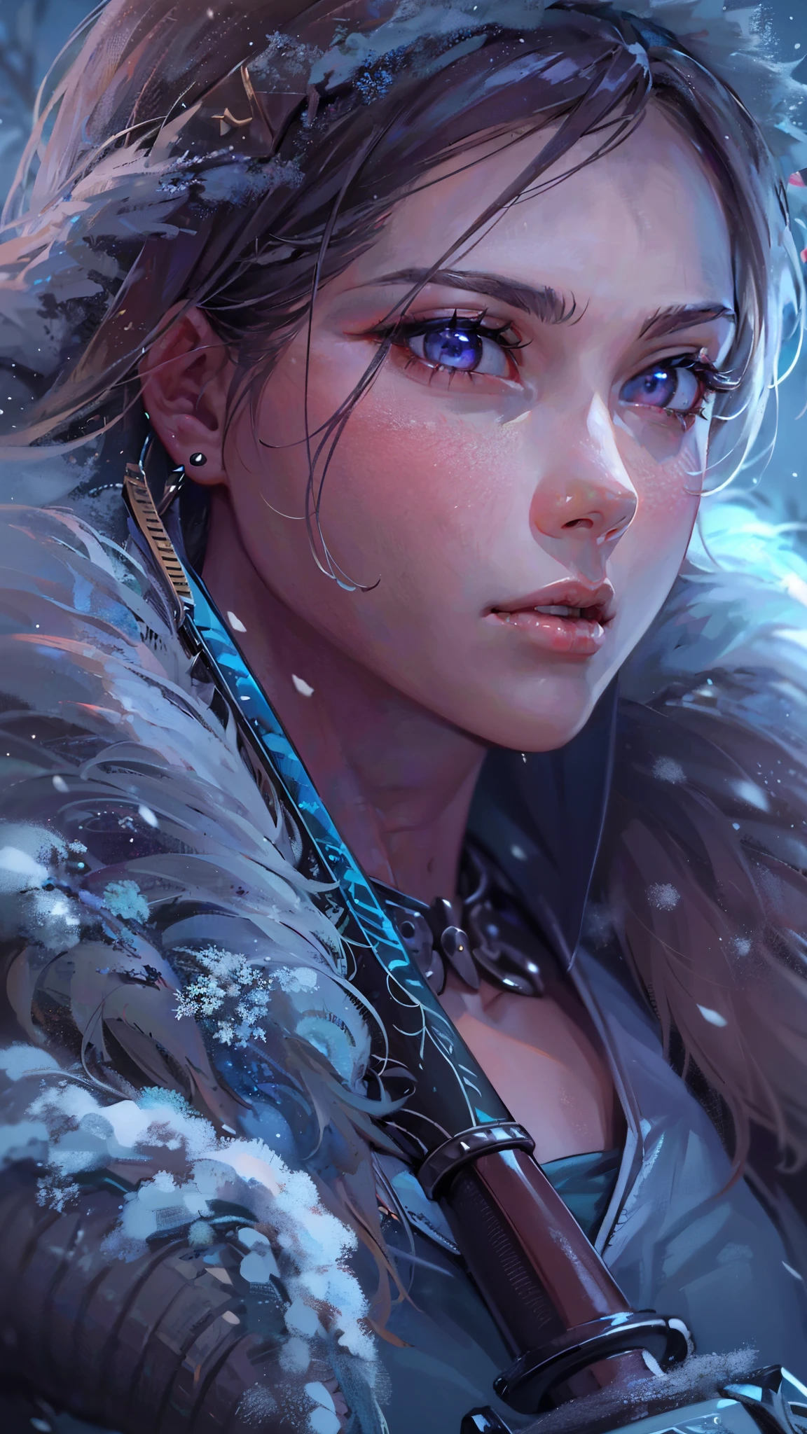 (best quality,4k,highres),(realistic,physically-based rendering),a girl,armor:simple,winter,fur,holding a sword,serious expression,vivid colors,portrait,sharp focus,studio lighting,detail of the eyes,metal texture,cold environment,forest background,falling snow,smoke effect