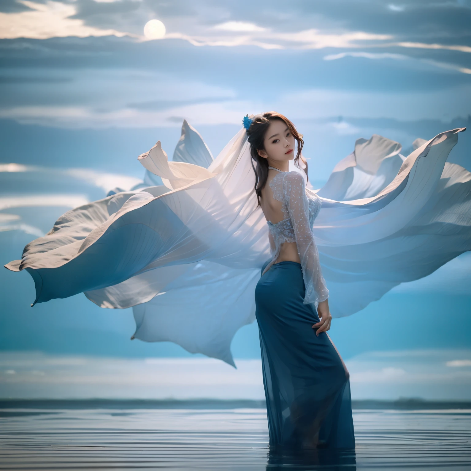 lifelike，Realism，photography，masterpiece，Best quality，Ultra Detailed，1girl，water，flower，Blue Theme，dress，moon，站着water中，Flowing long skirt，鲜flower，flower瓣，pole
Minimalist，Ocean景，Ocean景，Ocean，Full Moon