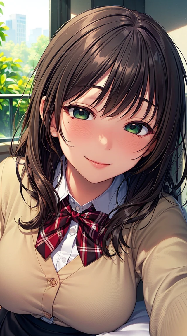 ((masterpiece, highest quality, High resolution, Hyper HD, Pixel perfect, Depth of written boundary, 4K, RTTX 10.0, High resolution))), One girl, single, alone, Beautiful Anime Girls, Beautiful art style, Anime Figures, ((Long Hair, bangs, brown hair, Curly Hair:0.8)), ((Green Eyes:1.4, Round eyes, Beautiful eyelashes, Realistic eyes)), ((Detailed face, Blushing:1.2)), ((Smooth texture:0.75, Realistic texture:0.65, Realistic:1.1, Anime CG Style)), Medium chest, Dynamic Angle, Perfect body, ((viewing angle, sleeping position, Lying on your back, Lie down in bed, a sighing expression)), ((Red bow tie, , White shirt, Brown cardigan, long sleeves, Black Skirt, Checked skirt)), smile, indoor, Bedroom, Natural light, sunlight