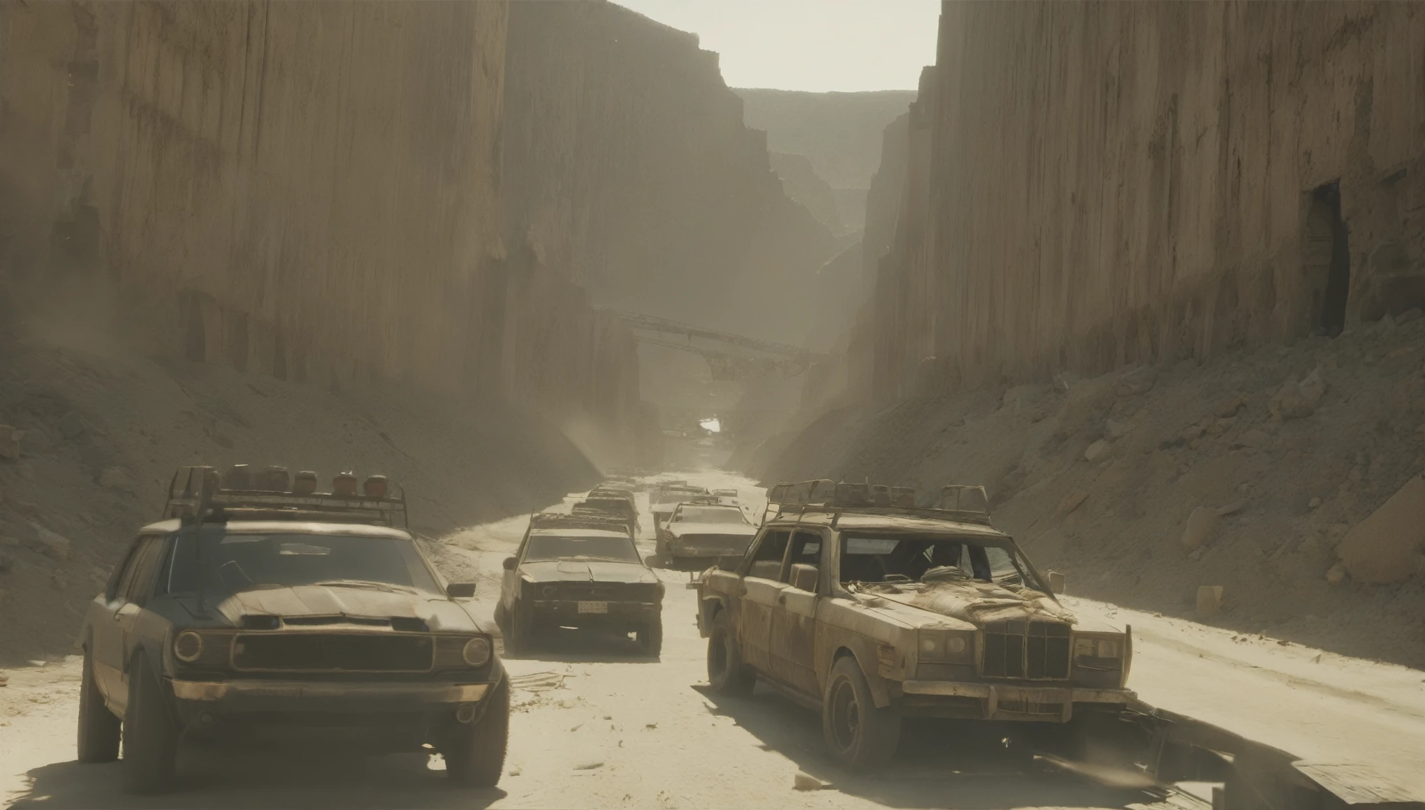 Breathtaking graphics from the Attack on Titan universe, filming of various epic empty tracks for racing along the tops of the canyon along abandoned industrial post-apocalyptic canals in small cars from Mad Max against the backdrop of wastelands and canyons near industrial enterprises, creating an impression, that orcs live in this place, Deadly car traps set up on highways,  breathtaking scenery, and impressive lighting effects, that create impressive visual experiences, cars eat very far, (((route through abandoned orc caves))), (orc huts) , Skull in the foreground 