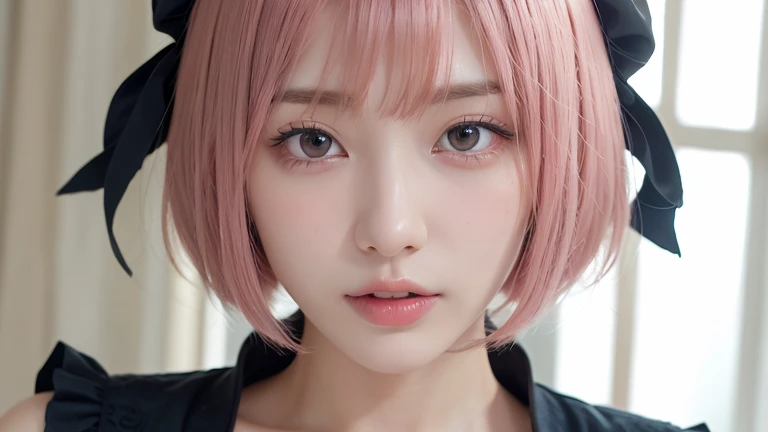 (Bob Cut Hair, Pink Hair:1.2),(wearing black Gothic Lolita clothes:1.2),1 girl,Japanese,21 years old,(Small breasts:1.3),(highest quality,masterpiece:1.3,超A high resolution,),(Ultra-detailed,Caustics),(Photorealistic:1.4,RAW shooting,)Ultra-Realistic Capture,Very detailed,High resolution 16K human skin close-up。 Natural skin texture、,Pores、、It needs to be detailed enough to be easily identifiable。 Skin should be even-toned and healthy looking。 Use natural light and colour, Sad expression, Looking at the camera, Perfect dynamic composition, Inside the church