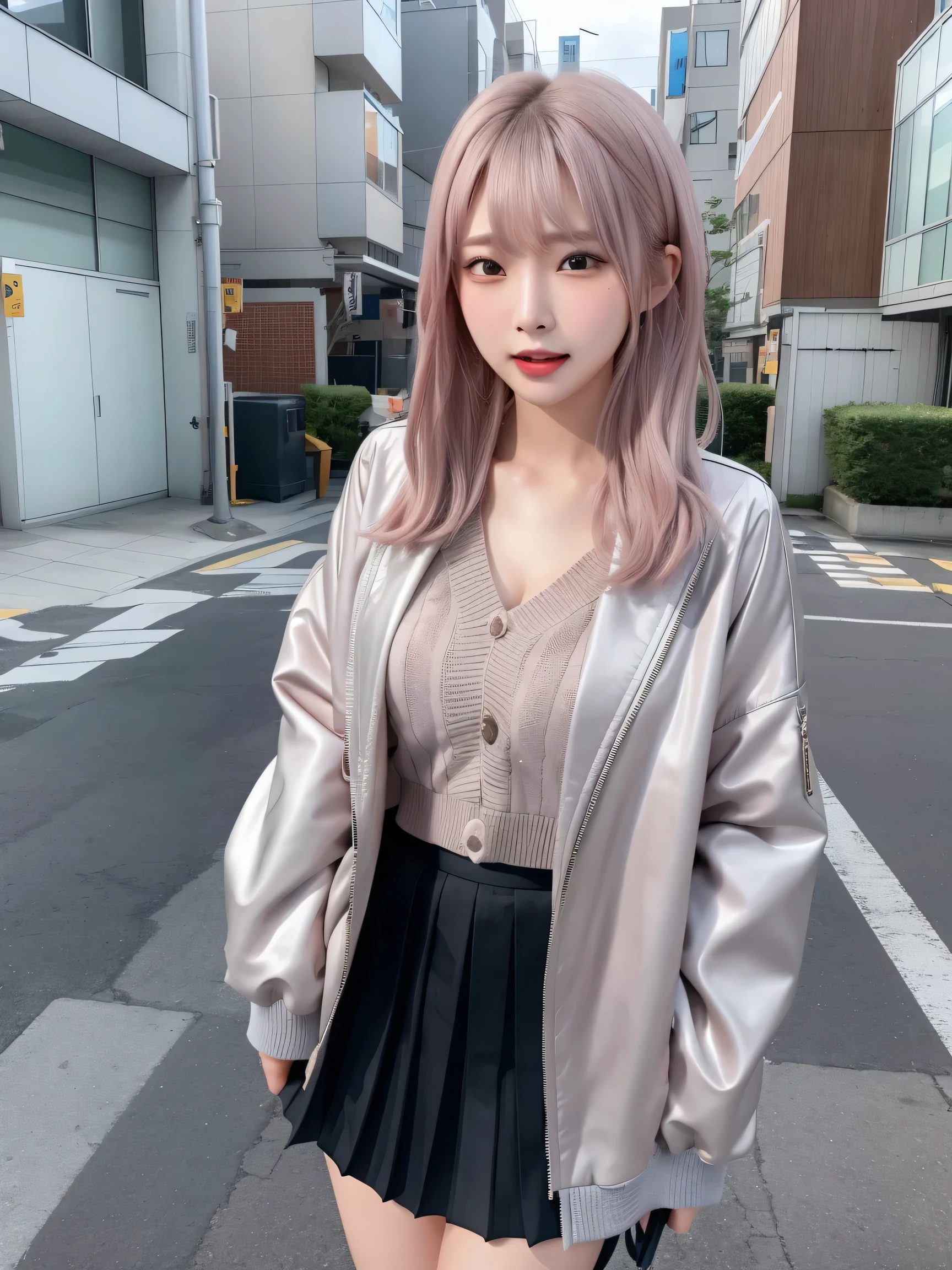 (remote_play), (remote_shake), Ulzzang-6500-v1.1, Pyros Face_v1, highest quality, masterpiece, shape, (Realistic, photo-Realistic:1.37), wonderful, In detail, Unbelievably absurd, Large file size, Very detailed, High resolution, Very detailed CG Unity 8k wallpaper, Ray Tracing, Browsing Caution, 1 female, Japanese  (Medium Wave Hairstyles。The bangs are swept away。:1.3), (Slender body),(Wear a jacket over a V-neck sweater,wearing a pleated skirt),(Blushing:1.4), We witness an individual overwhelmed by the intense stimulation caused by a powerful shake device. The jolts of pleasure or surprise prompt them to instinctively crouch down,  and an open mouth, Their expressions are a mixture of joy and sadness, surprise, And it suggests vulnerability. The energy of the place is palpable, Viewers、You are invited to share your own thrilling experiences on this subject.,Glasses,A deserted and cluttered back alley　Silver Hair