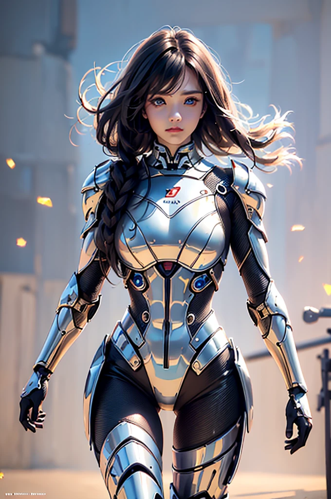(masterpiece), (best quality), 1girl, beautiful girl, female warrior, battle field, white armor, exoskeleton, mecha, mechanical armor, blue eyes, cinematic light