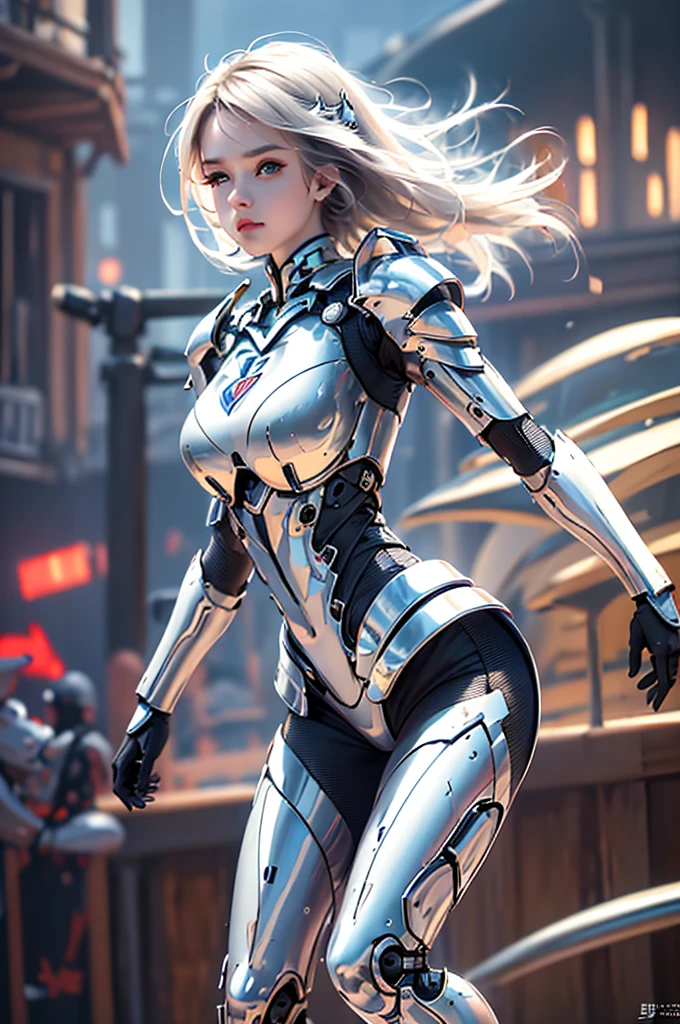 (masterpiece), (best quality), 1girl, beautiful girl, female warrior, battle field, white armor, exoskeleton, mecha, mechanical armor, blue eyes, cinematic light