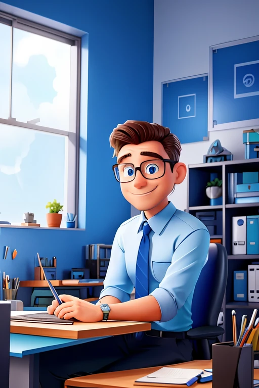 A vibrant office space filled with blue accents, Windows, The employee who loves the color blue sits and smiles.