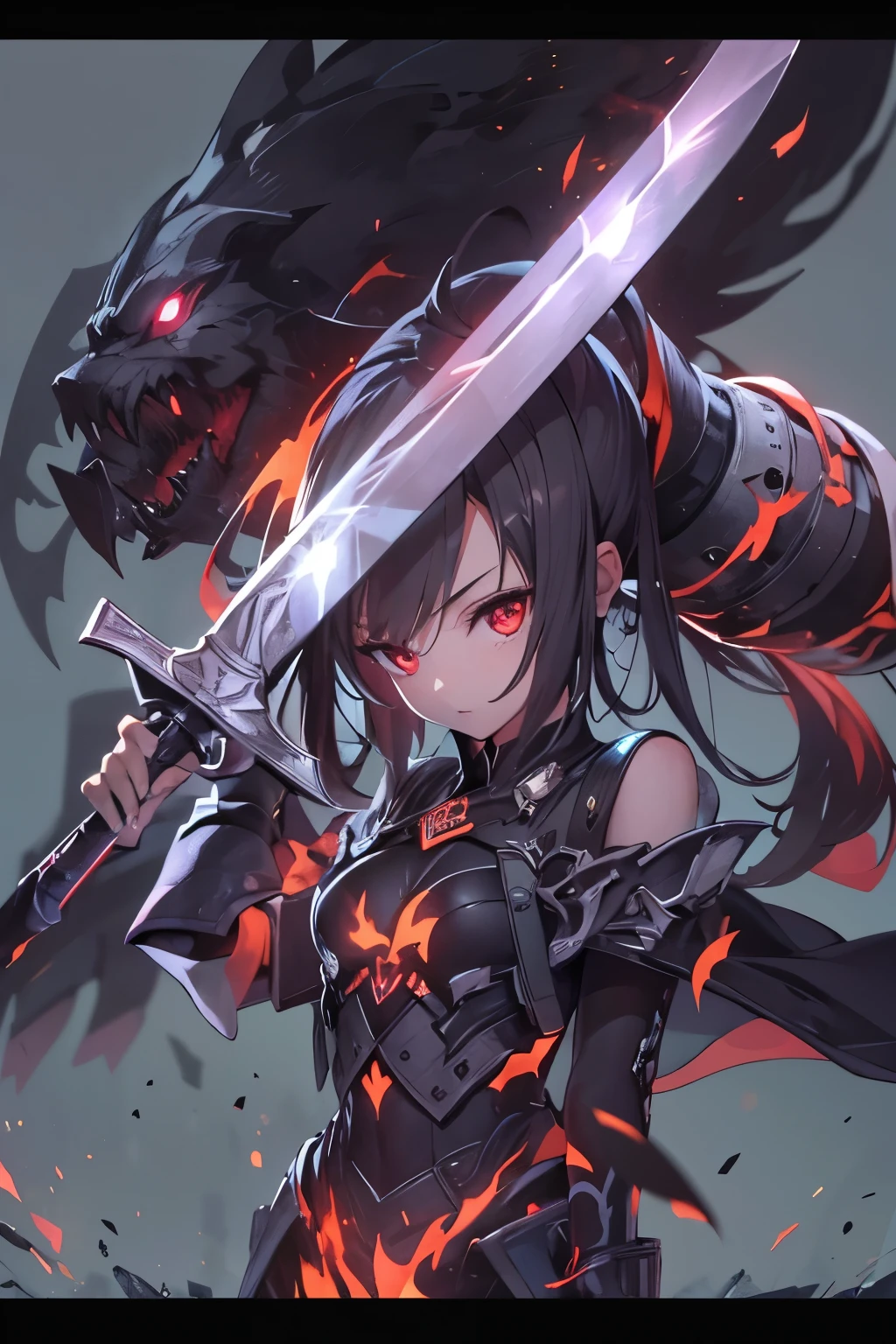 1girl, hight-quality, black armor, sword, fire, red eyes