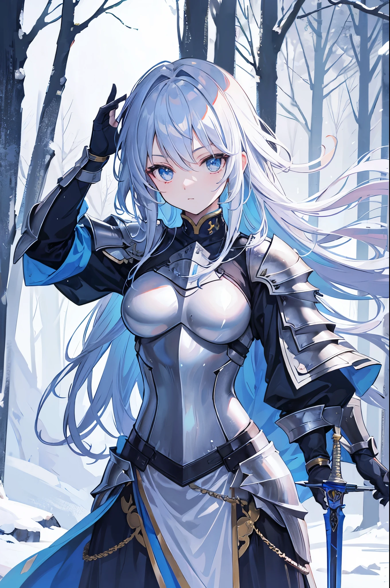 A female knight in shiny metal armor holds a sword in her hand、In the snowy forest