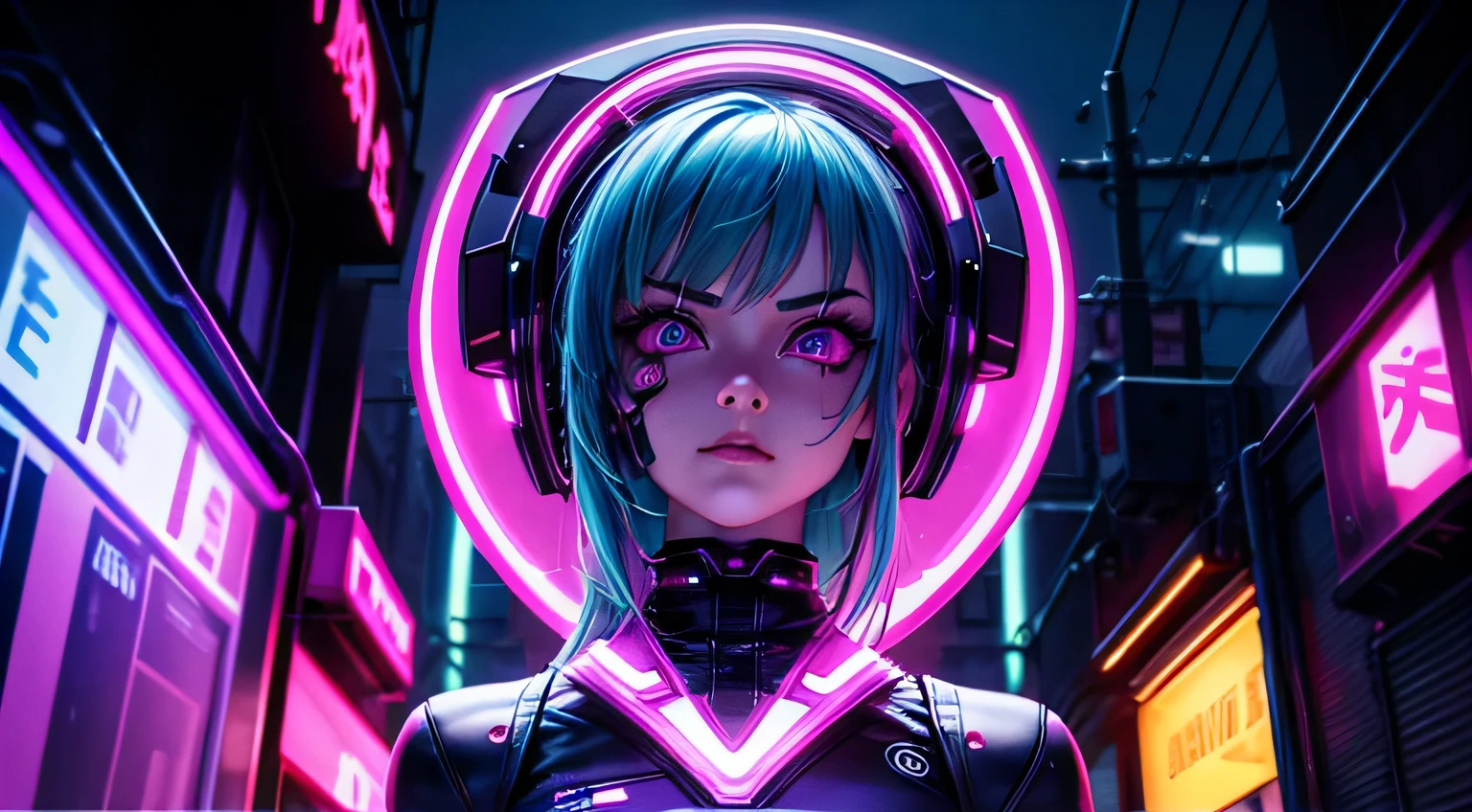cyber punk woman night Detailed facial expression depiction Detailed facial depiction Detailed hair depiction Detailed depiction of clothing Neon Light Alley
