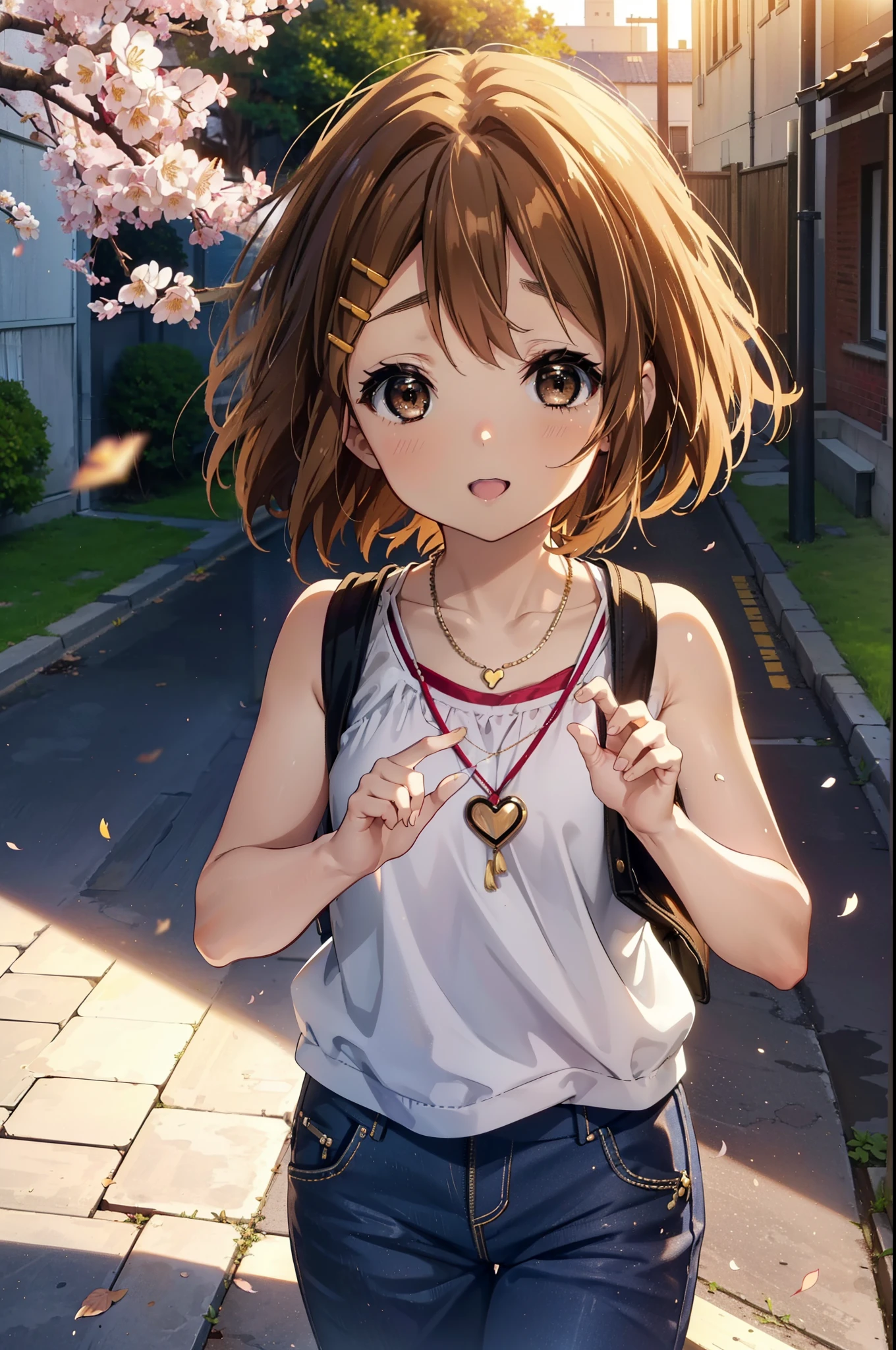 yuihirasawa, Yui Hirasawa, short hair, brown hair, hair ornaments, (Brown eyes:1.5), happy smile, smile, Open your mouth,Hair Clip,Long-legged vest tank top shirt,Bare arms,Bare neck,Heart Necklace,skinny pants,Stiletto heels,Cherry blossoms are blooming,Cherry blossoms are scattered,Cherry blossom tree-lined path,evening,sunset,The sun is setting,Looking down from above,
break outdoors,School School building,
break looking at viewer, (Cowboy Shot:1.5),
break (masterpiece:1.2), highest quality, High resolution, unity 8k wallpaper, (figure:0.8), (Beautiful fine details:1.6), Highly detailed face, Perfect lighting, Highly detailed CG, (Perfect hands, Perfect Anatomy),