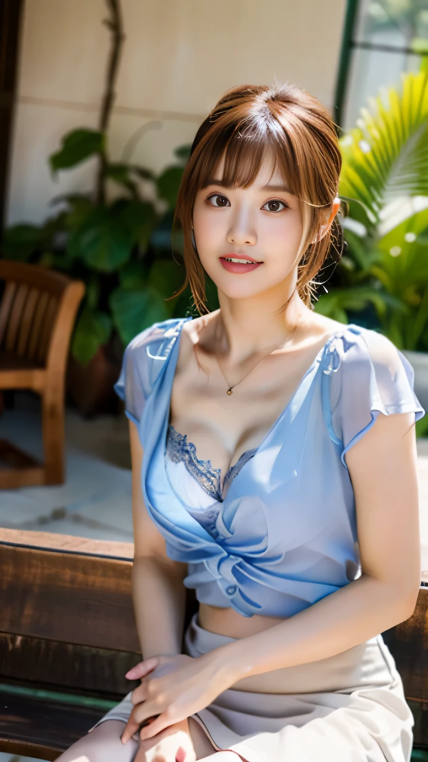 ((highest quality、8k、masterpiece: 1.3))、Perfect body beauty: 1.4、Slim Abs: 1.2、beautiful woman with slim abs:1.3、(Highlight Haircut、Breast A cup:1.2), Small breasts, Round shaped breasts, Perfectly shaped breasts, (((loose sheer shirt))), (good, ), Simple Necklace, Ultra detailed face、18-year-old、 Beautiful woman、(Dark brown shortcuts), Slim face、Highly detailed face and skin texture、Highly detailed lips、Spread your legs、highest quality、masterpiece、超A high resolution、(Photorealistic:1.4), I walked with confidence, Open your arms, Long Shot , (Outdoor), Light background, Sunset Light,

((News program studio, Open glass windows:1.2)),
((Beautiful female announcer,A neat and light milk-colored blouse,A short, tight skirt:1.5)), 
((A gaze that seduces men, The blouse is wet,Blue bra,Fluffy cleavage:1.5)),
((Gorgeous Earrings, Silver Necklace)), 
((Bright lighting, Foliage plant:1.2)),

((cum in cleavage:1.2)),

Ultra-detailed skin, Fair skin, Glossy Skin, Ultra detailed face, 
Slim face contour, Beautiful small face, Beautiful straight nose, 
Ultra-detailed eyes, Slit eyes, Brown eyes, double eyelid, Ultra-thin eyebrows, Thin, long eyelashes, 
Ultra-detailed lips, Plump and moisturized lips, glossy pink lips, Flushed Cheeks, ((White beautiful teeth)), 
Beautiful actress&#39;s ennui makeup, Pink lipstick, 
Dark Brown Hair, Delicate soft hair, Hair blowing in the wind, 
(Put your hair up, Medium Short Hair, ponytail:1.2), 
Layered Cut, (Blunt bangs:1.2), 
Cute smile, Mouth half open, A dreamy look, ((Staring at the viewer)), 
(((Photorealism,Shoot the whole body from the thighs:1.2))), ((The body is facing sideways)), 
Dynamic Lighting, 
