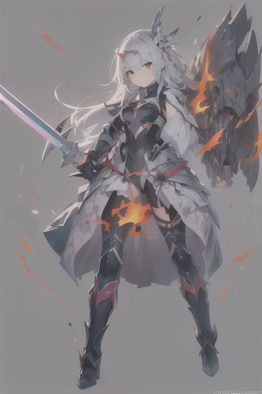 1girl, hight-quality, black armor, sword, fire, red eyes