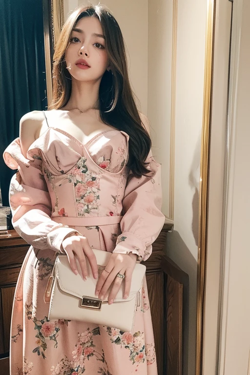 ((Burgundy long hair))、Luxury brand clutch bag、No watch、Gold Rings、((Coral pink lip))、Selfie in front of the mirror、Center of gravity on the hips、((floral bustier))、Classical Fashion、Organza long sleeves、(((Accurate hands、Accurate Face)))、Detailed hand and fingers、Detailed body、Precise fingers