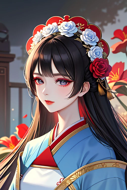 masterpiece，best quality，absurd，Original，Extremely exquisite and beautiful，Beautiful and detailed eyes and face，1 Girl，Black Hair，flower，Hanfu，Looking at the audience，蓝flower，solo，(Shiny skin)，(masterpiece:1.4)，(best quality:1.4)，realism，Red Eyeshadow，Blue Skirt，