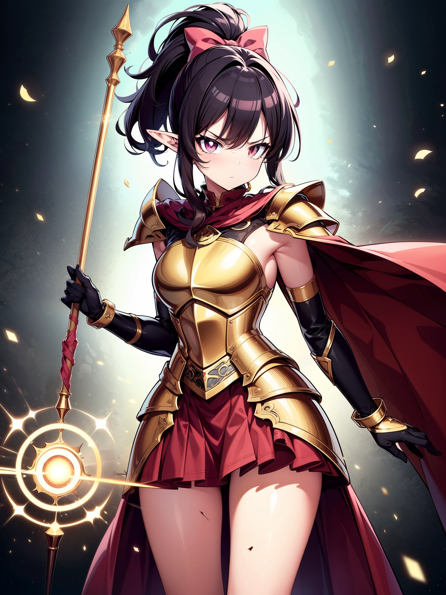 (masterpiece), (cowboy shot), (best quality, ultra-high resolution, depth of field:1.2), (perfect anatomy), Fair skin, Elf girl, pink eyes, no pupils, (shaded face), black hair in a hime hairstyle, ponytail, pink bow, gold earrings, armor, (golden armor), (long skirt:1.2), frills, high thighs boots, cape, (ruins scenery:1.2), (casting a magic spell), extended arm, (magic circles on wrists), (deadpan expression), serious expression, (damaged clothes), holding a magic staff