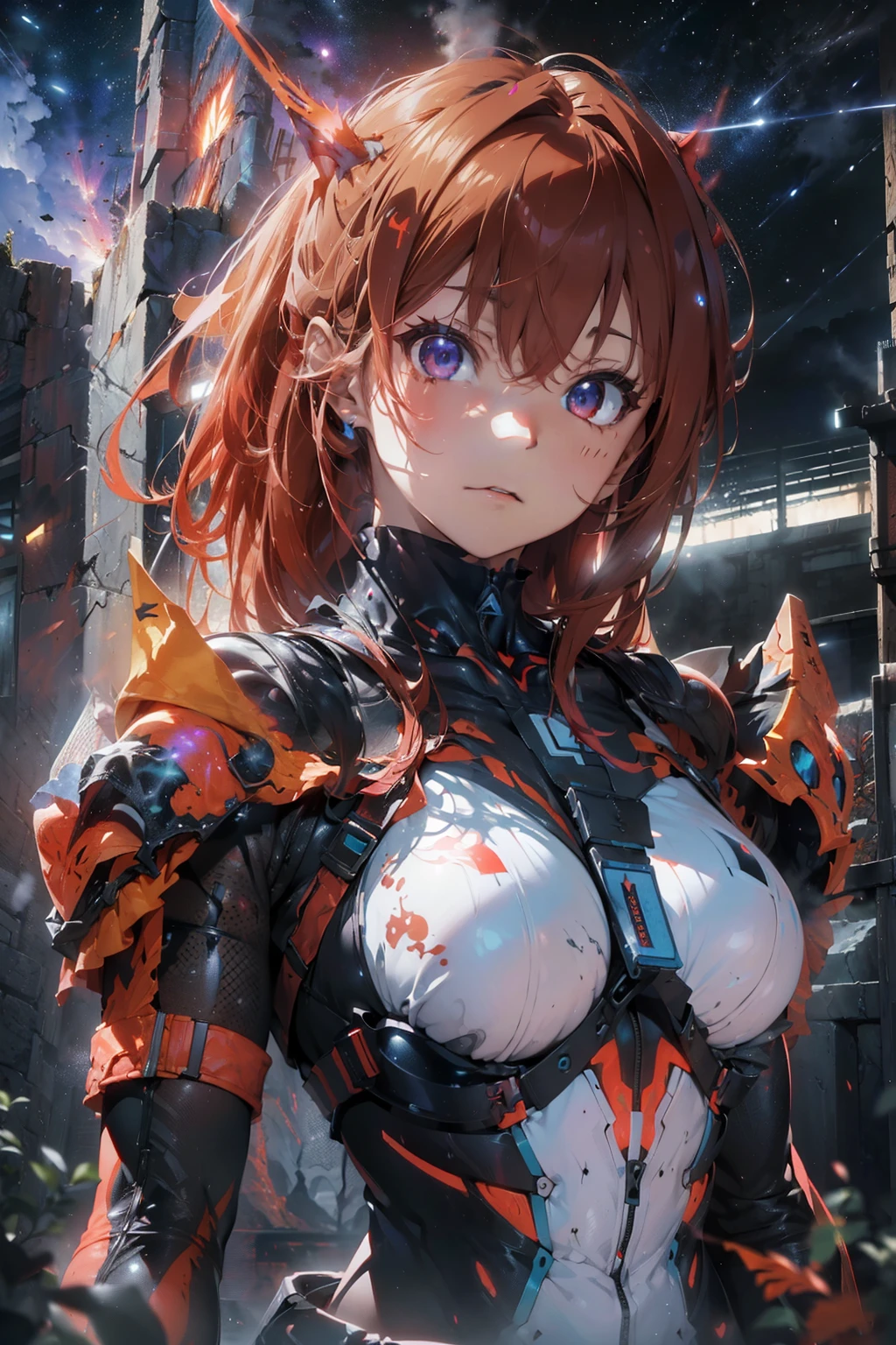 masterpiece, best quality, twintails, long_hair, red_eyes, red_hair, cyberpunk, mechanical parts, mechanical girl, head gear, <lora:shi2:1>, 1girl, medium breasts, dynamic pose, dynamic angle, smile face