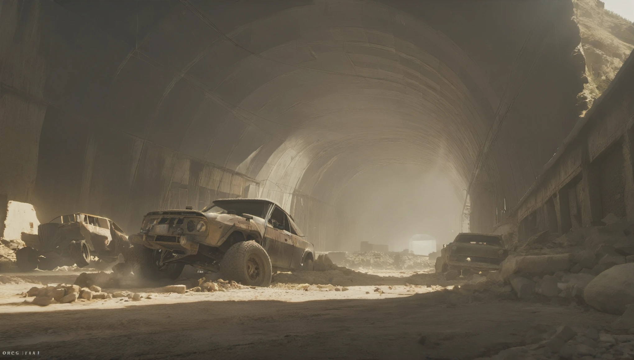 Breathtaking graphics from the Attack on Titan universe, shooting various epic empty tracks for racing along rocky abandoned industrial post-apocalyptic roads on small cars from Mad Max against the backdrop of abandoned buildings and rocky terrain near industrial enterprises, creating an impression, that orcs live in this place, breathtaking scenery, and impressive lighting effects, that create impressive visual experiences, cars eat very far, (((route through abandoned orc caves))), (orc huts) , Skull in the foreground