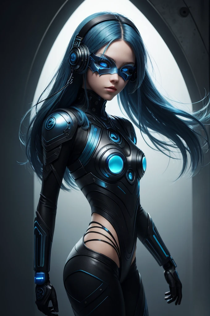 girl with long blue hair, blue eyes, futuristic vibes, mask on mouth, headphones, 8k, high quality, simple background, glowing eyes, nice pose