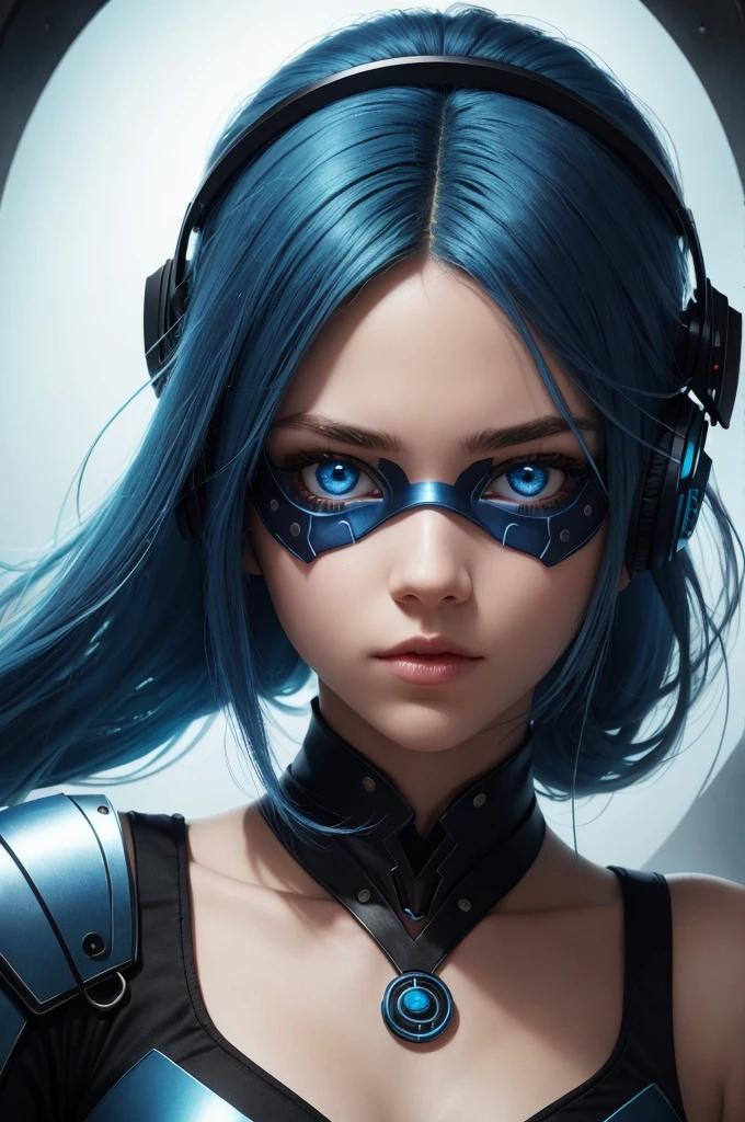 Girl with blue hair, blue eyes, futuristic vibe, Wear a mask on your mouth, earphone, 8K, high quality, Simple background, Glowing eyes, Beautiful posture