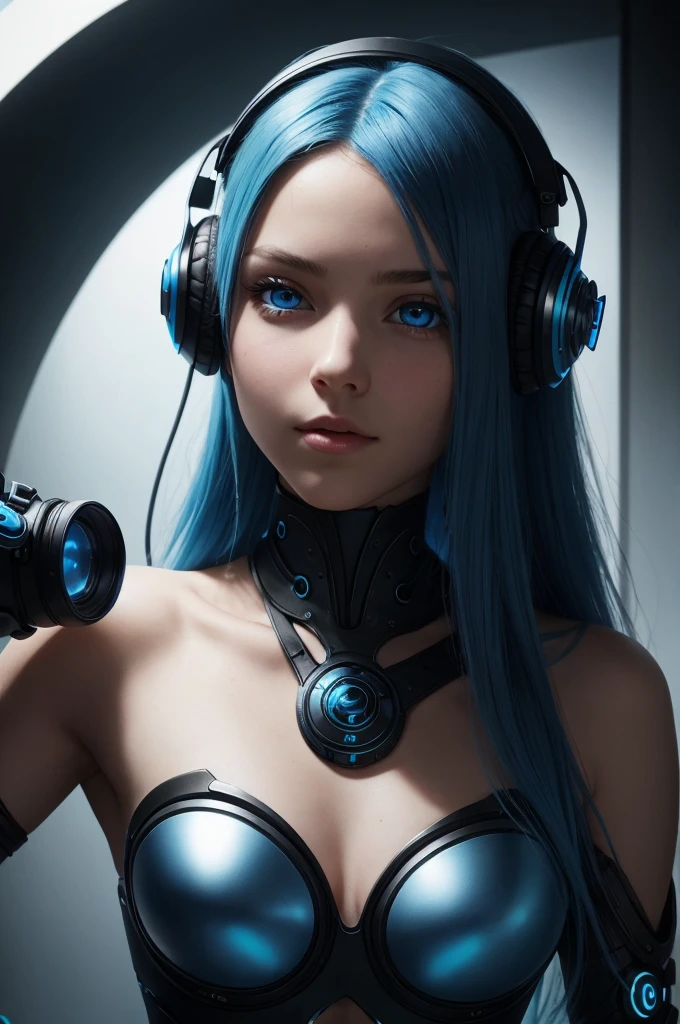 girl with long blue hair, blue eyes, futuristic vibes, mask on mouth, headphones, 8k, high quality, simple background, glowing eyes, nice pose
