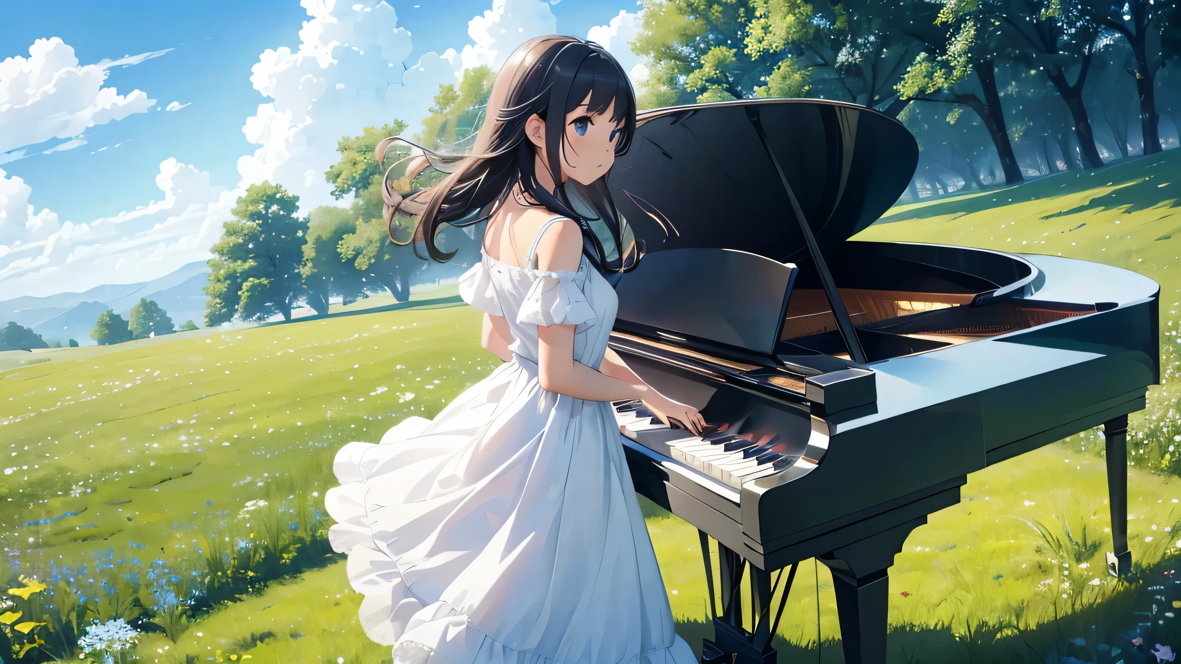 A beautiful sunset is setting、A gentle breeze、A grand piano in the middle of a beautiful meadow、A beautiful girl wearing a soft-colored dress is playing the piano、Gentle scenery、The girl's face is turned towards the piano、Beautiful flowers are blooming in the grassland