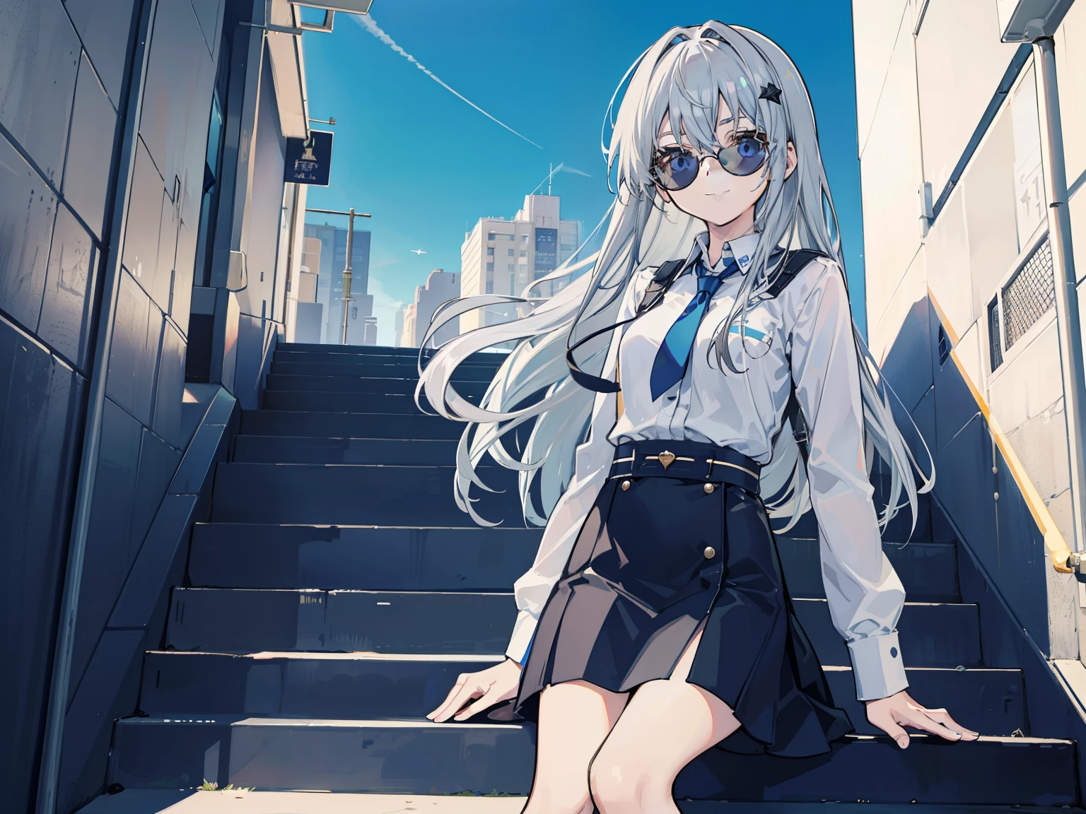 Tabletop,Very detailed,1 girl,alone,Gray Hair,blue eyes,,sunglasses,Black socks,青いsunglasses、Perch on a few flights of stairs、Rebelliously、Blue motif、Cool smile、