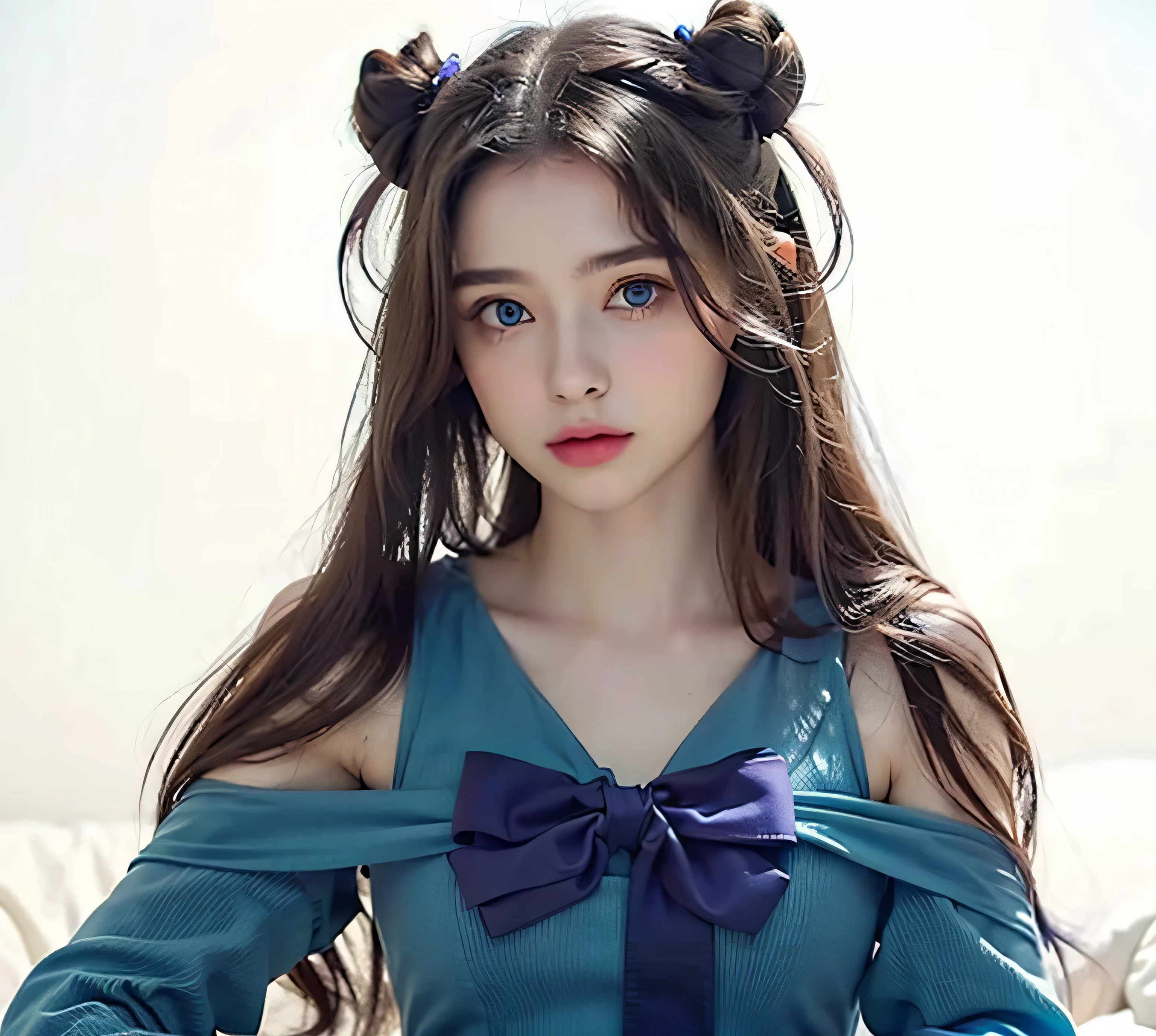 masterpiece, photorealistic, 1girl, blue detailed eyes, small nose, short green dress, bright purple long hair, 2 buns, large chest , beautiful, innocent