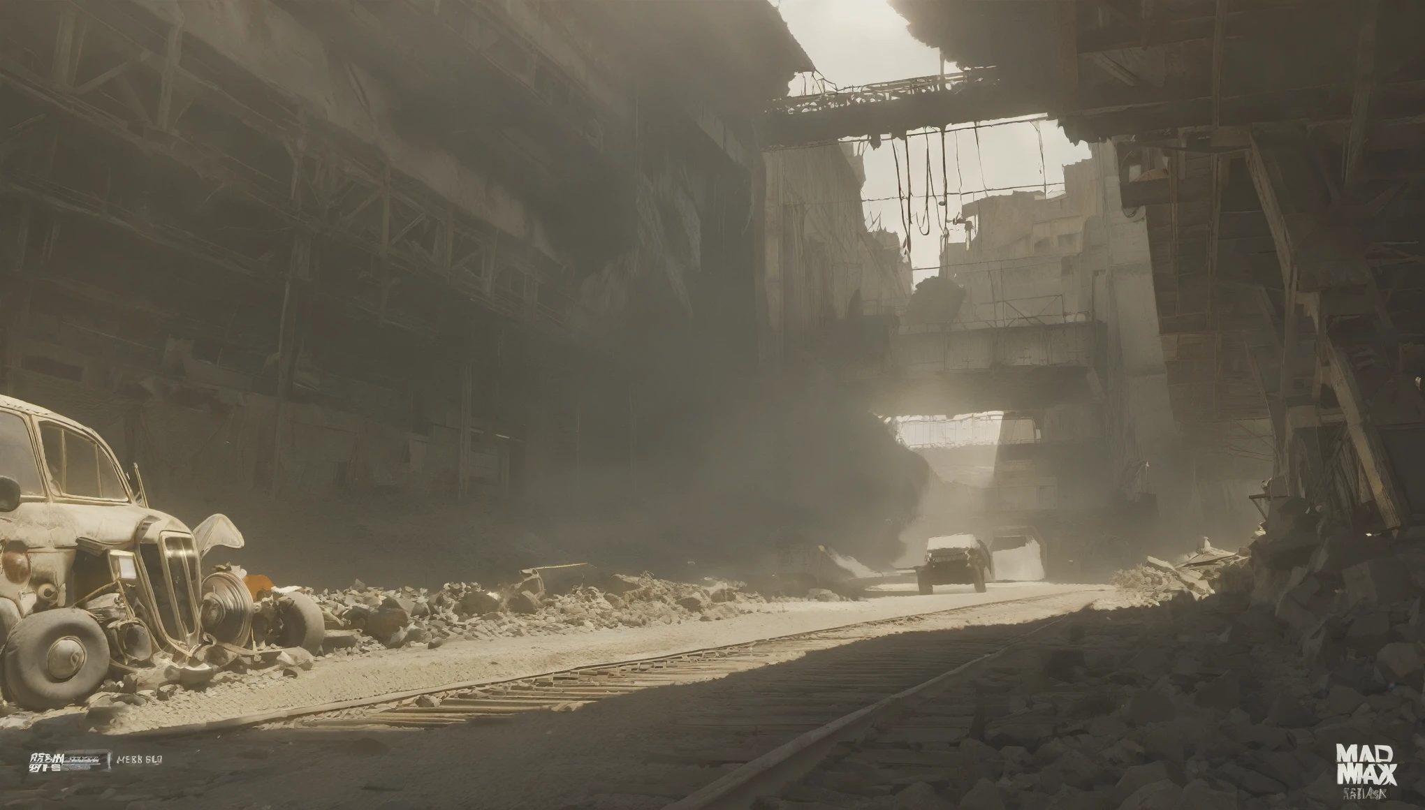 Breathtaking graphics from the Attack on Titan universe, shooting various epic empty tracks for racing along rocky abandoned industrial post-apocalyptic roads on small cars from Mad Max against the backdrop of abandoned buildings and rocky terrain near industrial enterprises, creating an impression, that orcs live in this place,  breathtaking scenery, and impressive lighting effects, that create impressive visual experiences, cars eat very far, (((route through abandoned orc caves))), (orc huts) , Skull in the foreground 