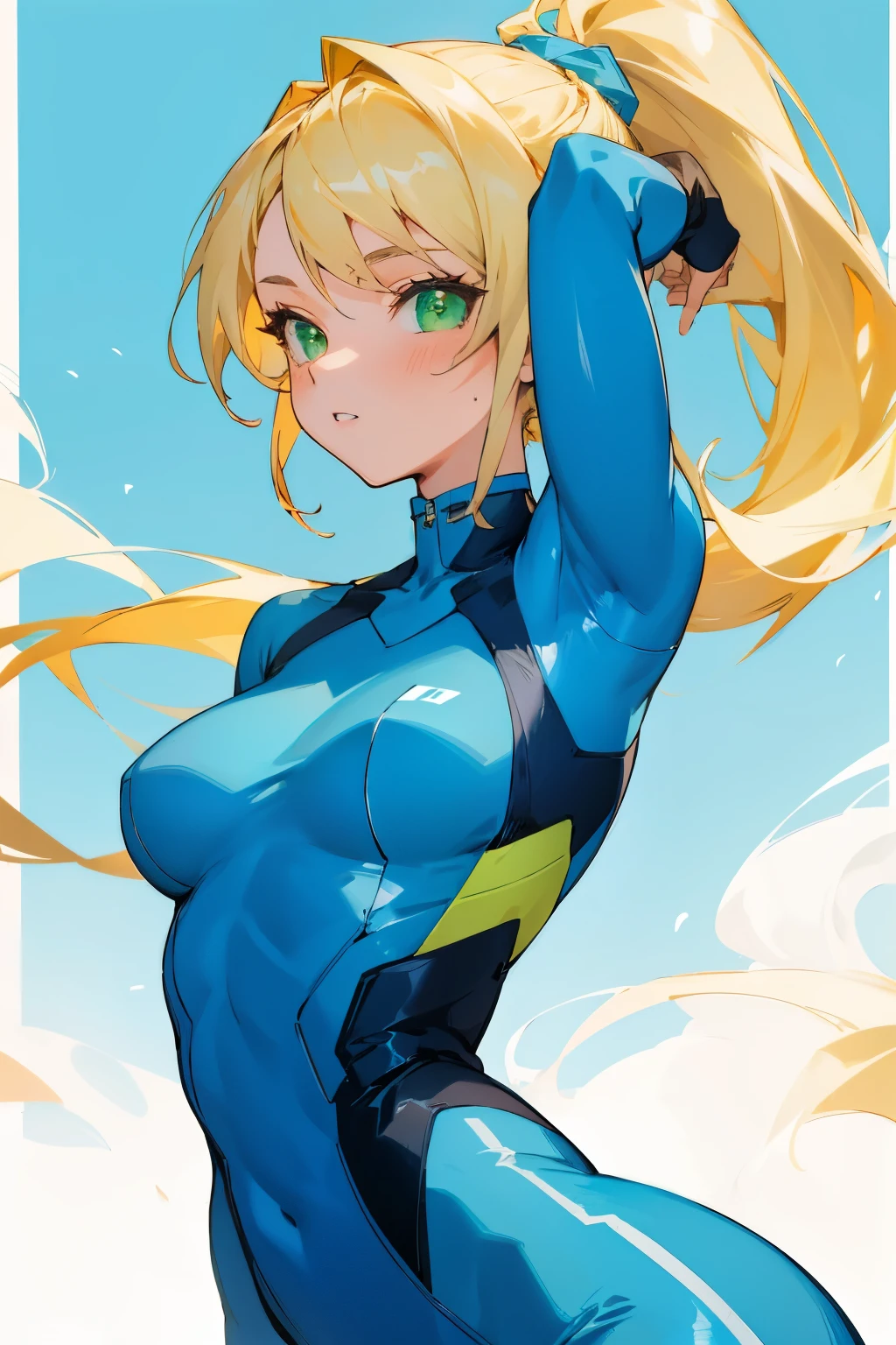 Girl, beautiful, blonde hair tied in a ponytail, green eyes, tight blue clothes,