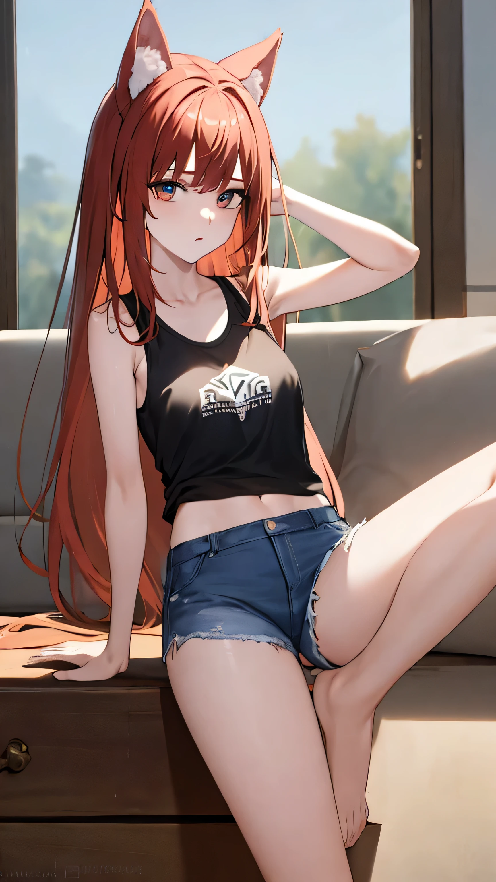 (masterpiece, highest quality:1.2), holo, alone,Are standing_Split, One leg raised high, Long Hair, White sleeveless tank top，Blue Denim Shorts