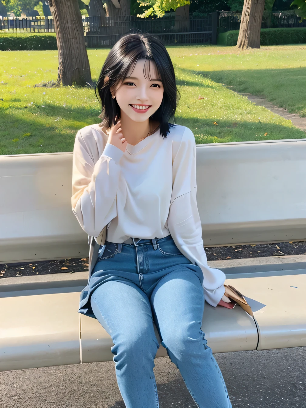 highest quality)), ((masterpiece)), (Get used to it), Perfect Face、((highest quality)), A neat and beautiful woman sitting on a park bench、Long sleeve blouse、Skinny jeans、sneakers、Black Hair、short hair、smile、smile showing teeth、Full body photo、Ear Piercing Information
