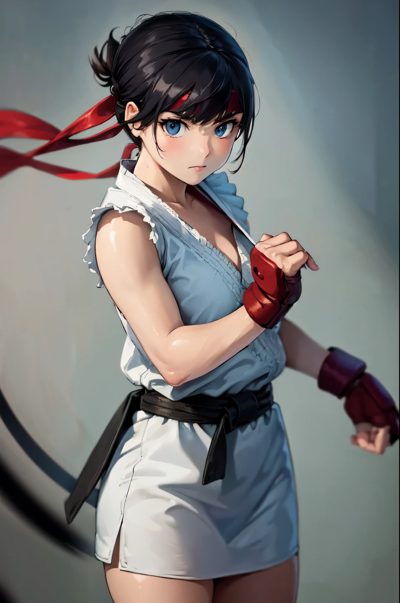 (masterpiece, best quality:1.2), expressive eyes, perfect face, highres, 1girl, solo, ryu, \(sf\), (female:1,5), black hair, dougi, fingerless gloves, headband, standing, cowboy shot, looking at the viewer