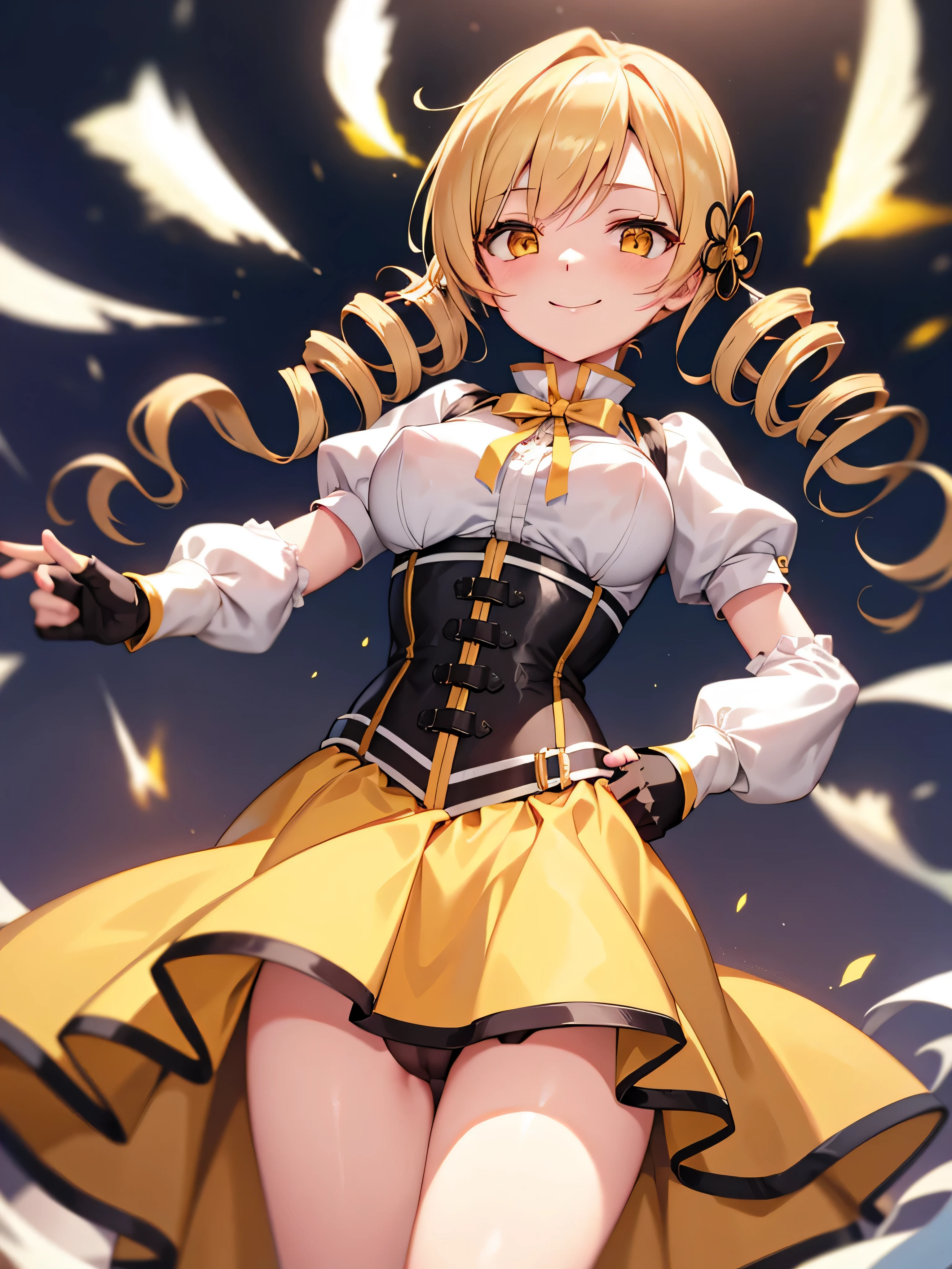 Tabletop, highest quality, One Girl, (mami tomoe), Blonde, Drill Hair, Twin Drill, (Yellow Eyes:1.2), Brown gloves, corset, Removable sleeves, Fingerless gloves, smile, Have, Magic , Puffy sleeves, Striped thighs, Yellow Skirt, Covered nipples, chest, npclearly, clearly , hidden private, The crotch is partially visible, Sky Porn, evening, sunset,、((Photo from directly below))、((Black panties))