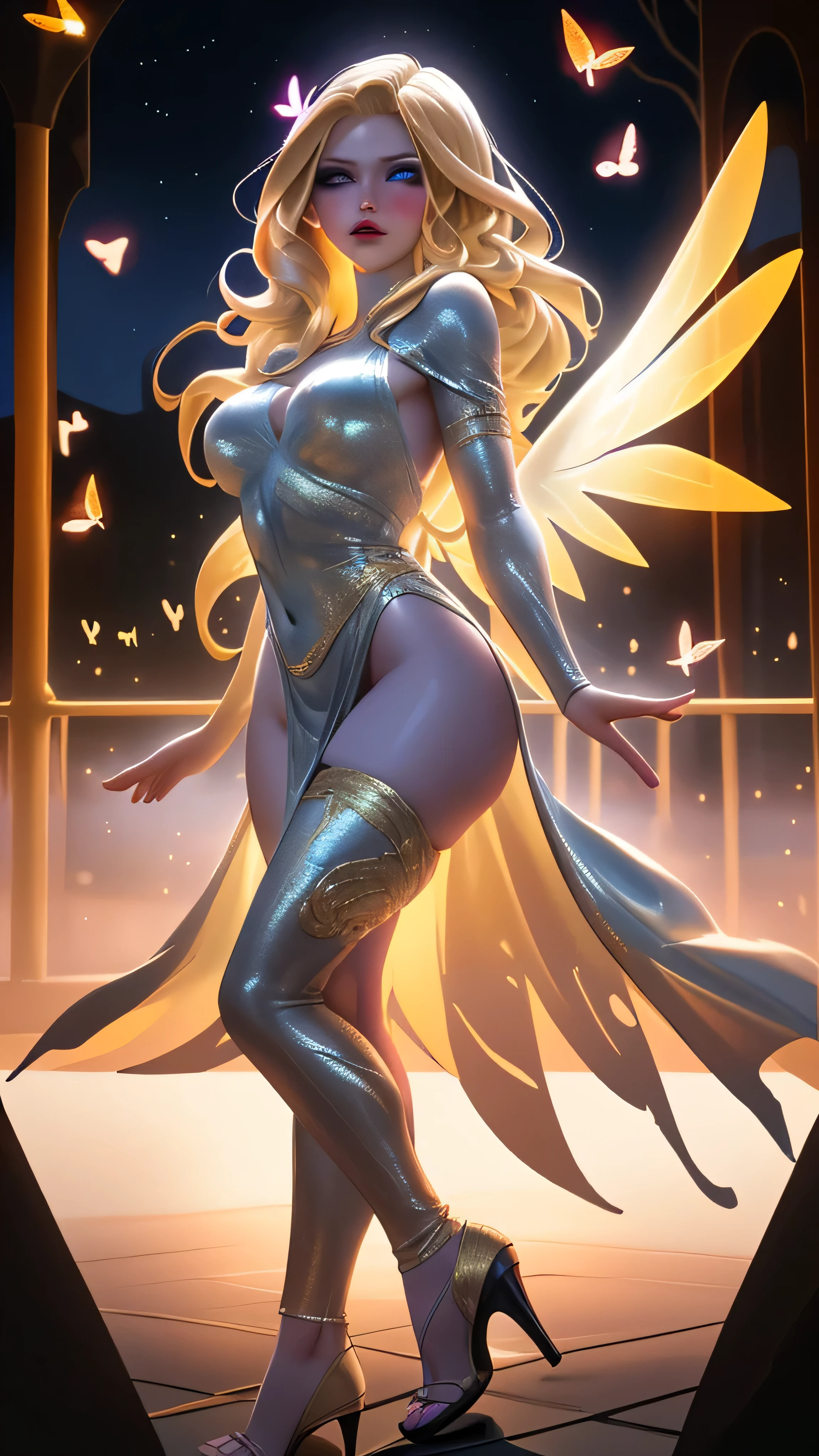 (work of art), (masterpiece), (best quality), a blonde girl, (blue eyes), wearing  nothing, brightly lit night city background, red bow, butterflies in golden circle, flowing hair , but g , full figure head to toes , standing beside poles , showing beautiful backside,back angel wearing high heels 