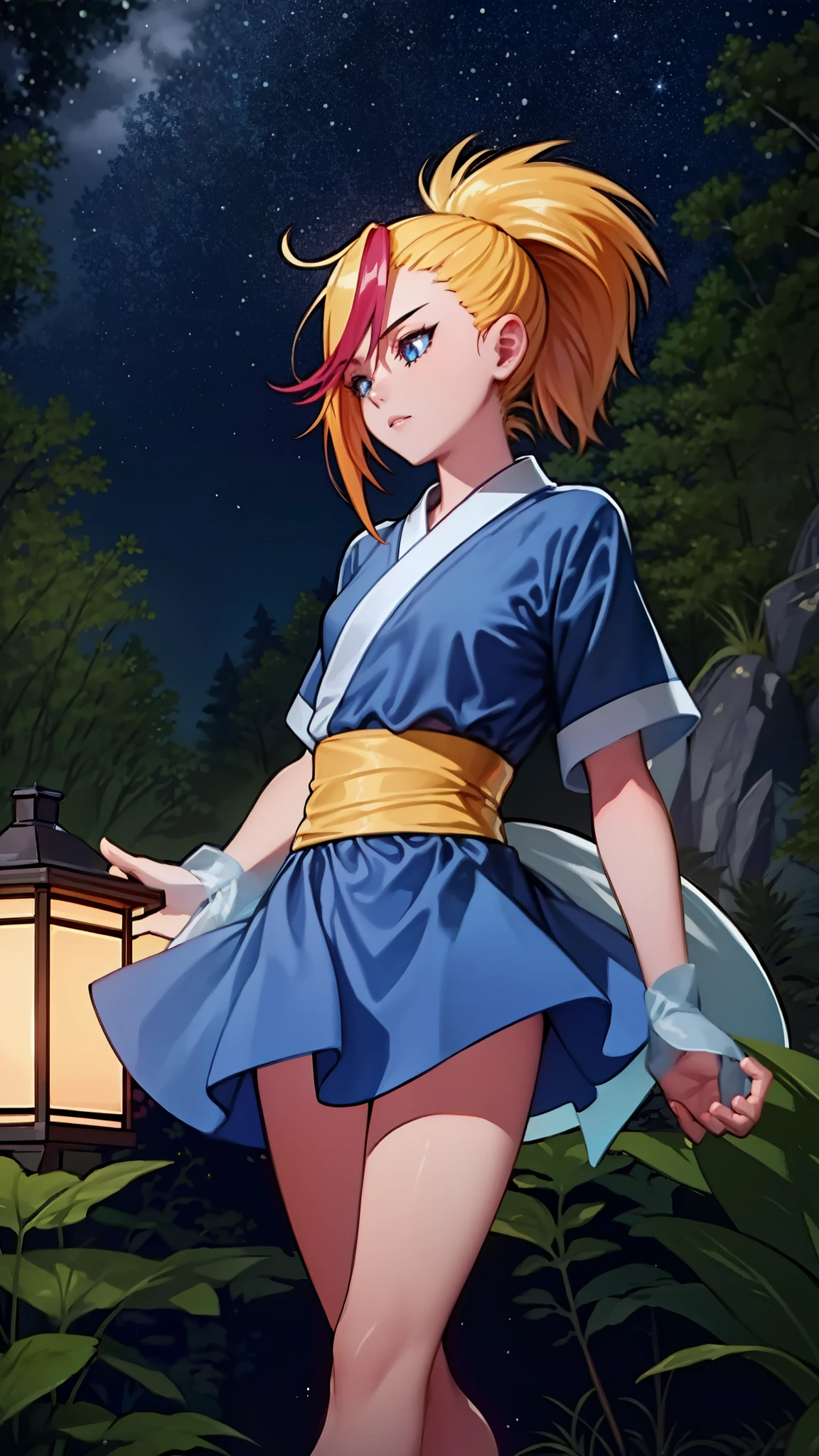 (best quality,ultra-detailed:1.2),ultra detailed face,ultra detailed hair,long eyelashes,glowing blue eyes,glowing lips,black and white and blue kimono,katana,cute pose,camping at night,standing pose,powerful instance,looking to the Sky,dark black hair,slender body,pale skin,peaceful expression,soft wind blowing,starlit night sky,subtle moonlight,tall grass,fireflies dancing in the air,tranquil atmosphere,serene ambiance,mysterious aura,deep feeling of tranquility,silhouette against the night sky,reflections on the water,ethereal charm,majestic presence,calming presence,mesmerizing beauty,graceful movements,dreamlike setting,whispers of nature,faint rustling of leaves,magical surroundings,unforgettable memories,radiating inner peace,vibrant colors,harmonious composition,intricate details,emotional depth,meticulous brushwork,sublime artistry,captivating realism,visual storytelling,immersive experience,unparalleled craftsmanship,lucid dreamscape