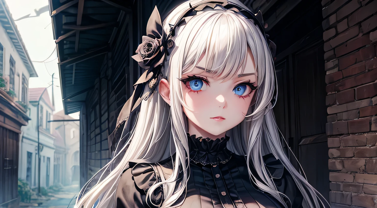 Gothic Fashion uniform Big Breasts woman night Cute Face Detailed facial expression depiction Detailed facial depiction Detailed hair depiction Detailed depiction of clothing ruins Alley
