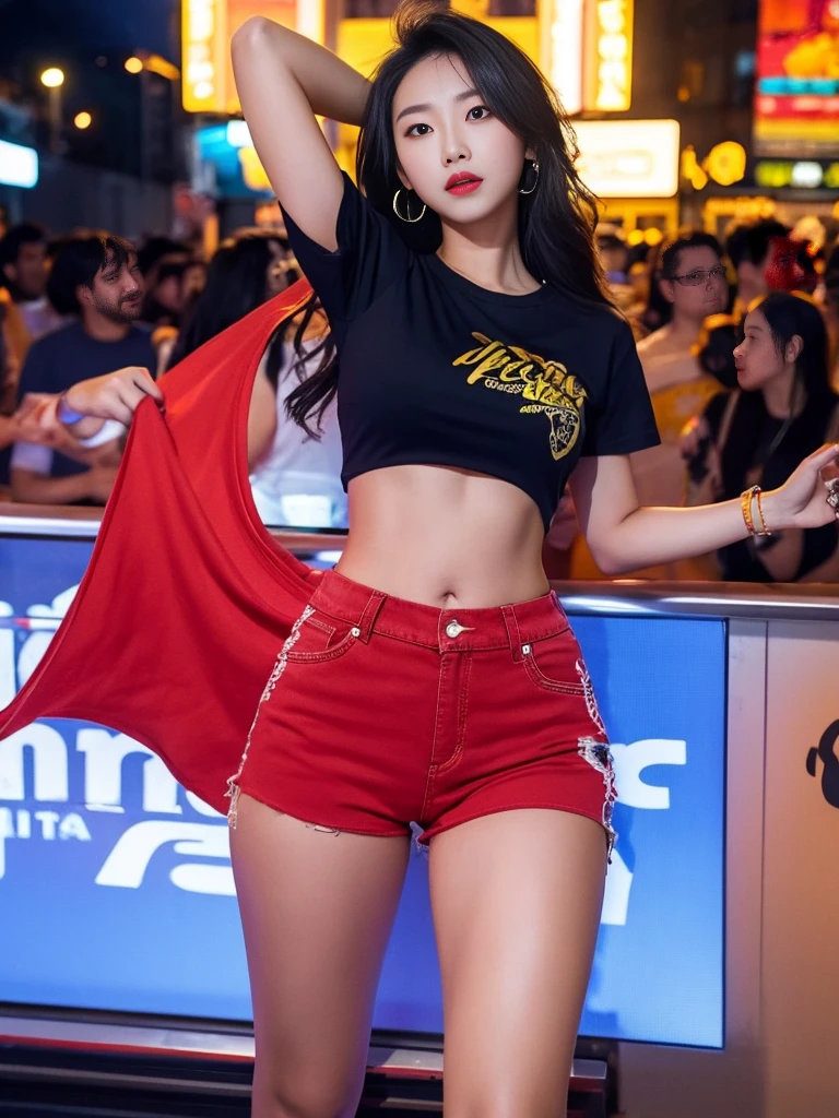 Adult supermodel ，standing on a night club ，dressed in [rot|Blue|Yellow] Cloth T-shirt crop top，[Lively fabric impression::0.5]，Low-level strings）Low-cut shorts，Huge liveliness，pierced navel，Mid-abdomen，Athletic body 