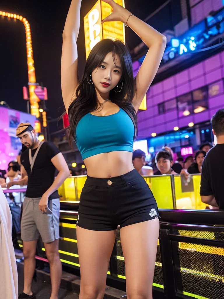 Adult supermodel ，standing on a night club ，dressed in [rot|Blue|Yellow] Cloth T-shirt crop top，[Lively fabric impression::0.5]，Low-level strings）Low-cut shorts，Huge liveliness，pierced navel，Mid-abdomen，Athletic body 
