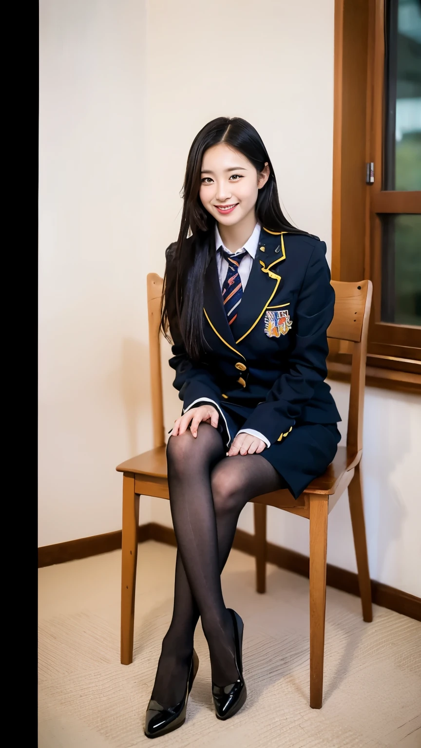 ulzzang-6500-v1.1, (Raw photo:1.2), (Photorealistic), (Mastepiece), (Genuine:1.4), A model wearing a Japanese uniform is sitting on a chair with her legs crossed, sakimichan, [ Realistic photos ]!!, seifuku, Yoshitomo Nara, Beasts, [32k High Definition]^10, Japanese Model, Wearing the principal's uniform, JK Uniform, cute high school girl, Ultra-realistic pantyhose, skirt lift