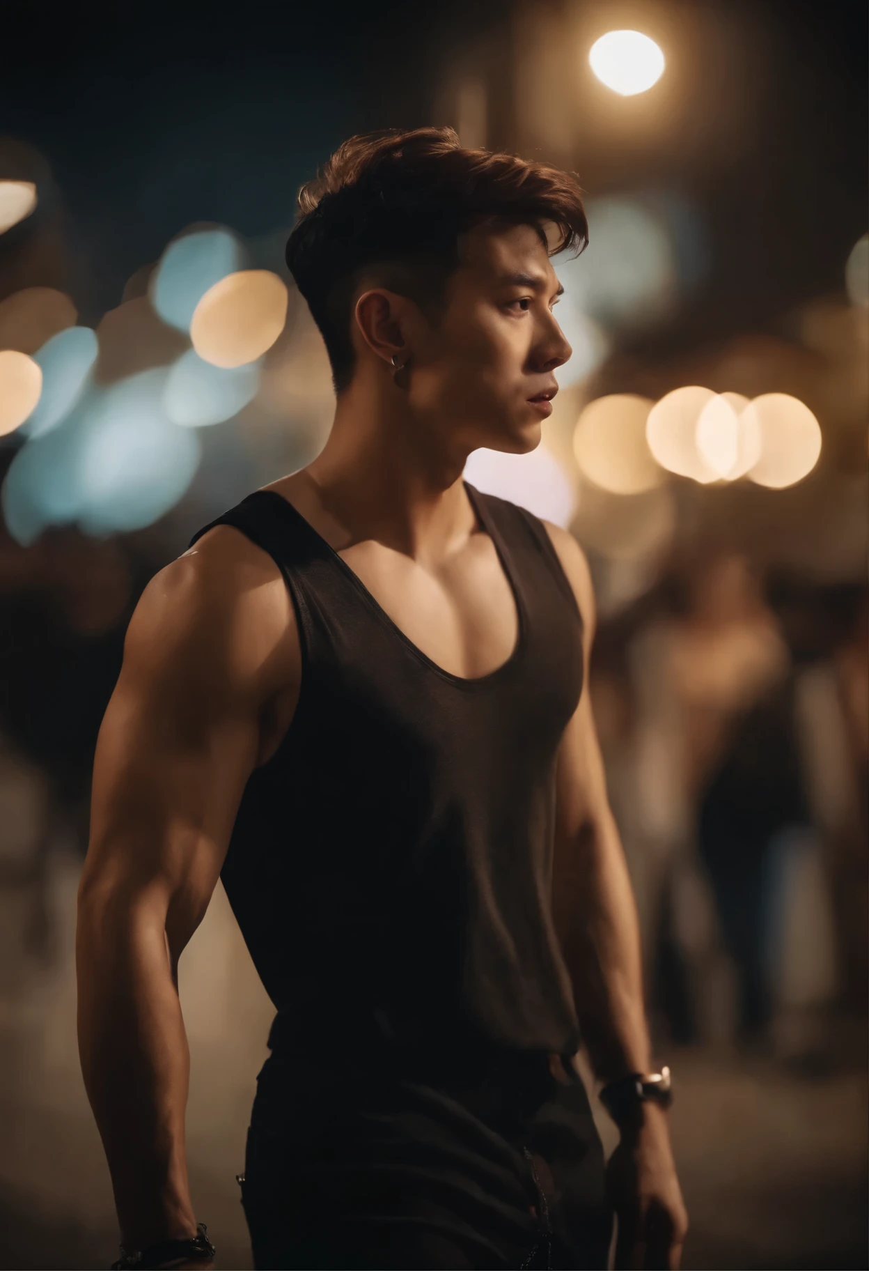 8K, masutepiece, Raw photography, Best Quality, Photorealistic, Highly detailed CG Unity 8K wallpapers, depth of fields, Cinematic Light, Lens Flare, Ray tracing, (Very beautiful and charismatic face, Beautiful lips, Beautiful eyes), intricately detailed face, (Ultra detailed skin), 1 man, In nature, In the deep shadows, Beautiful European Man, Kpop Idol, 1 male, (very strong and muscular body:1.3), (looking at audience), (Great determined appearance) :1.3), (Sleeveless), (Fashion City Night, a dark night, neon signs, Blurred background), Fashion Street Night, (The person behind々:1.3), Beautiful earrings, Bracelets, Necklace, pantyhose, Clear eyes, Walking, (pale skin), (Big eyes), Face forward, (upperbody shot), (loose-fitting clothes:1.3), (Brown hair), (Bosch Clothing, (Transparent), (looking at audience:1.3) Very strong ,, back turned, (Back shot), Transparent, Medium hip.