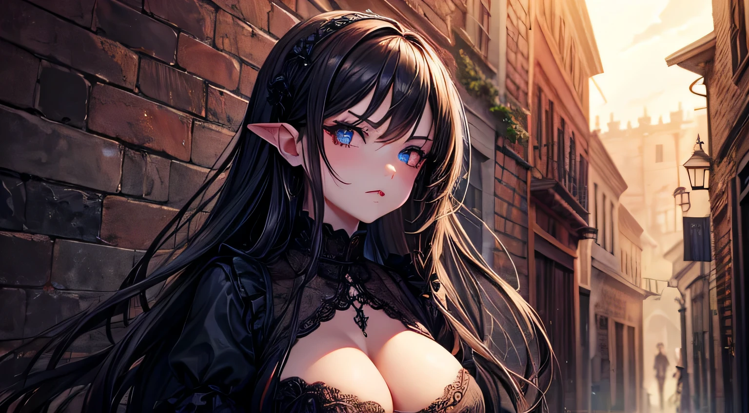 Gothic Fashion woman night Cute Face Detailed facial expression depiction Detailed facial depiction Detailed hair depiction Detailed depiction of clothing ruins Alley