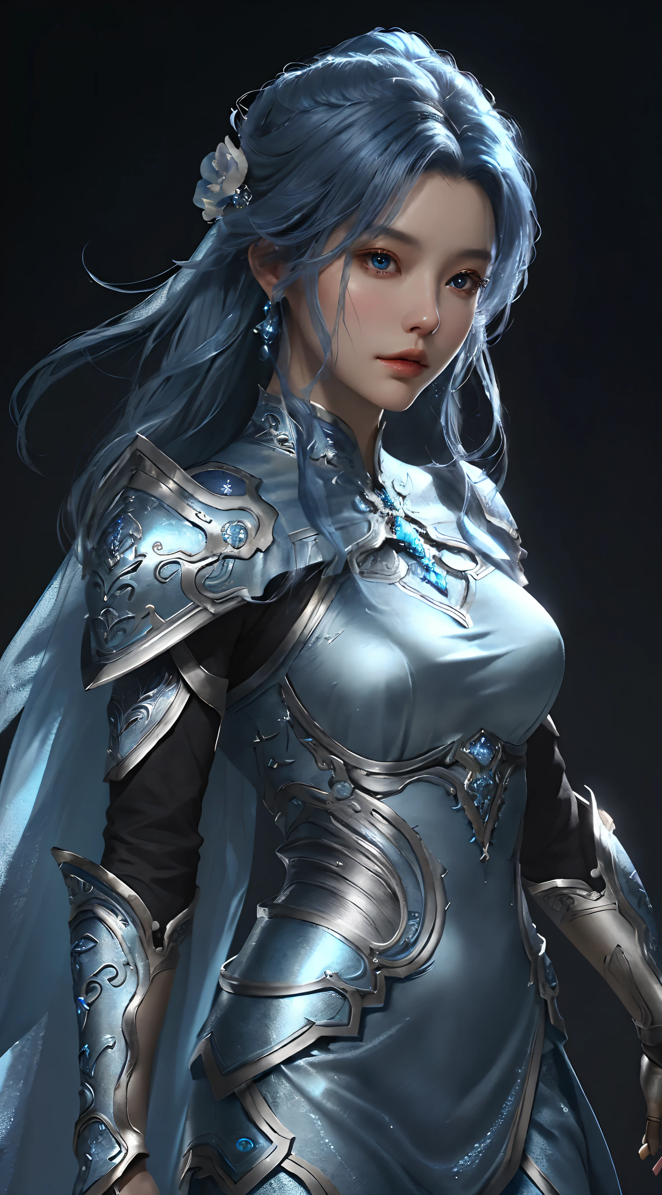 Close-up of woman wearing a silver and blue dress, Chengwei frying pan on artstation, By Yang J, The art of detailed fiction, Stunning character art, The best Fanart station, Gorgeous epic character art, Beautiful armor, Artgerm is very detailed, Detailed digital anime art, artgerm on artstation pixiv, armor girl