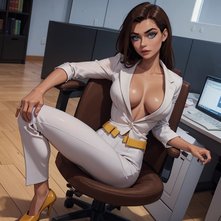 (masterpiece, high quality) woman, formal business suit, shirt, pants, solo , looking at viewer, perfect face, suits tan, tan colour, white shirt,sexy breasts,fit super model body, fit_business_suit s, crystal blue eyes, eyelashes, makeup, skyscraper, full body, she is the boss, ultra quality 4k, super confident, sit like the boss, [From Below, Looking Up][Modern Office Setting] tan colour office suits , tan shoes 