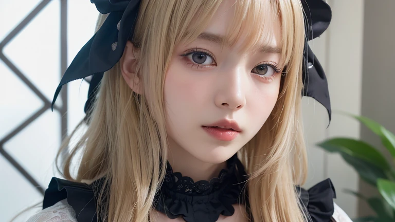 (masutepiece, Best Quality:1.2), 8K, 85 mm, Official art, Raw photo, absurderes, Platinum Blonde Hair, (Blue eyes, Lolita Fashion, sweetlolita, Gothic, Dress:1.2), Idol face, full bodyesbian, Beautiful Girl, gardeniass, Copenhagen, Short sleeve, Elegance, Sophisticated, gardenia, Looking at Viewer, Film grain, chromatic abberation, Sharp Focus, face lights, Dynamic lighting, Cinematic lighting, Detailed face, Bokeh background