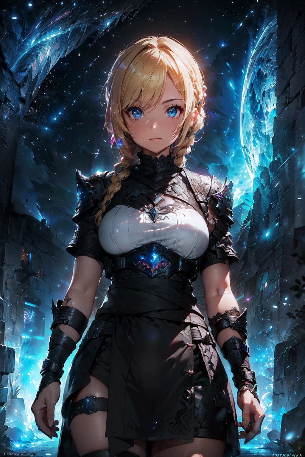 (((From face to the waist view::1. 4))), realistic skin texture, front view::1.0, (((Final Fantasy aesthetic style))) in complex & hyper detailed white fantasy armor (((lava glow effect))), panning photography::1, midnight hour illumination, short blonde hair & long braid, (masterpiece), best quality, perfect face, 8k
