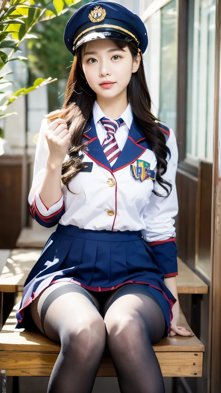 ulzzang-6500-v1.1, (Raw photo:1.2), (Photorealistic), (Mastepiece), (Genuine:1.4), An Asian woman in a uniform is sitting on a chair with her legs crossed, sakimichan, [ Realistic photos ]!!, seifuku, Yoshitomo Nara, Beasts, [32k High Definition]^10, Japanese Model, Wearing the principal's uniform, JK Uniform, cute pilot girl, Ultra-realistic pantyhose, skirt lift
